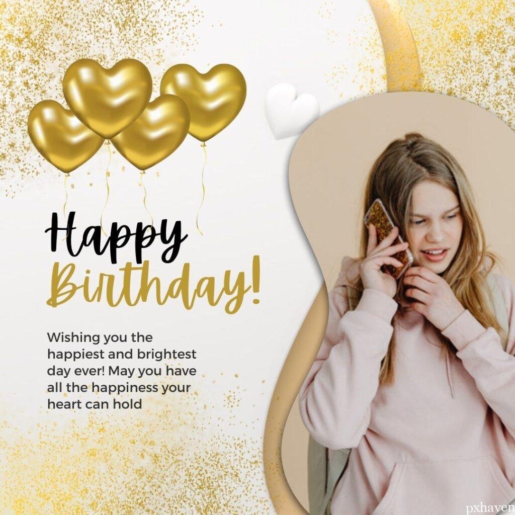 A lovely girls wishing happy birthday over mobile phone. Golden hearts and golden background. Happy Birthday. Wishing you the happiest and brightest day ever! May you have all the happiness your heart can hold.