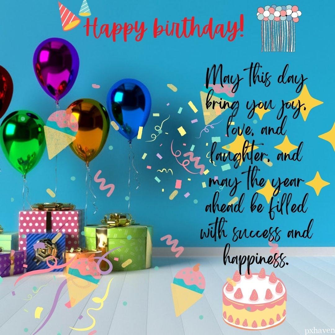 A happy birthday with with lots of green pink blue red golden balloons and gifts with cake and icecreams. May this day bring you joy, love, and laughter, and may the year ahead be filled with success and happiness.