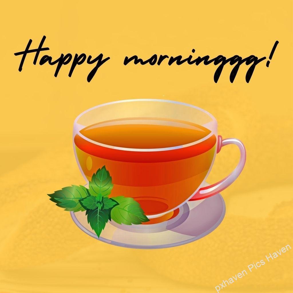 Beautiful Good Morning Images and quotes.HD image free download. A good morning wish with a cup of green tea with leaves in greenery