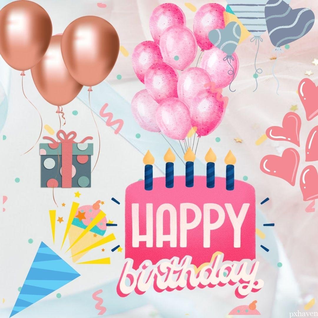 A lovely birthday wish with gifts birthday cap ice creams a birthday cake pink and golden balloons and candles.