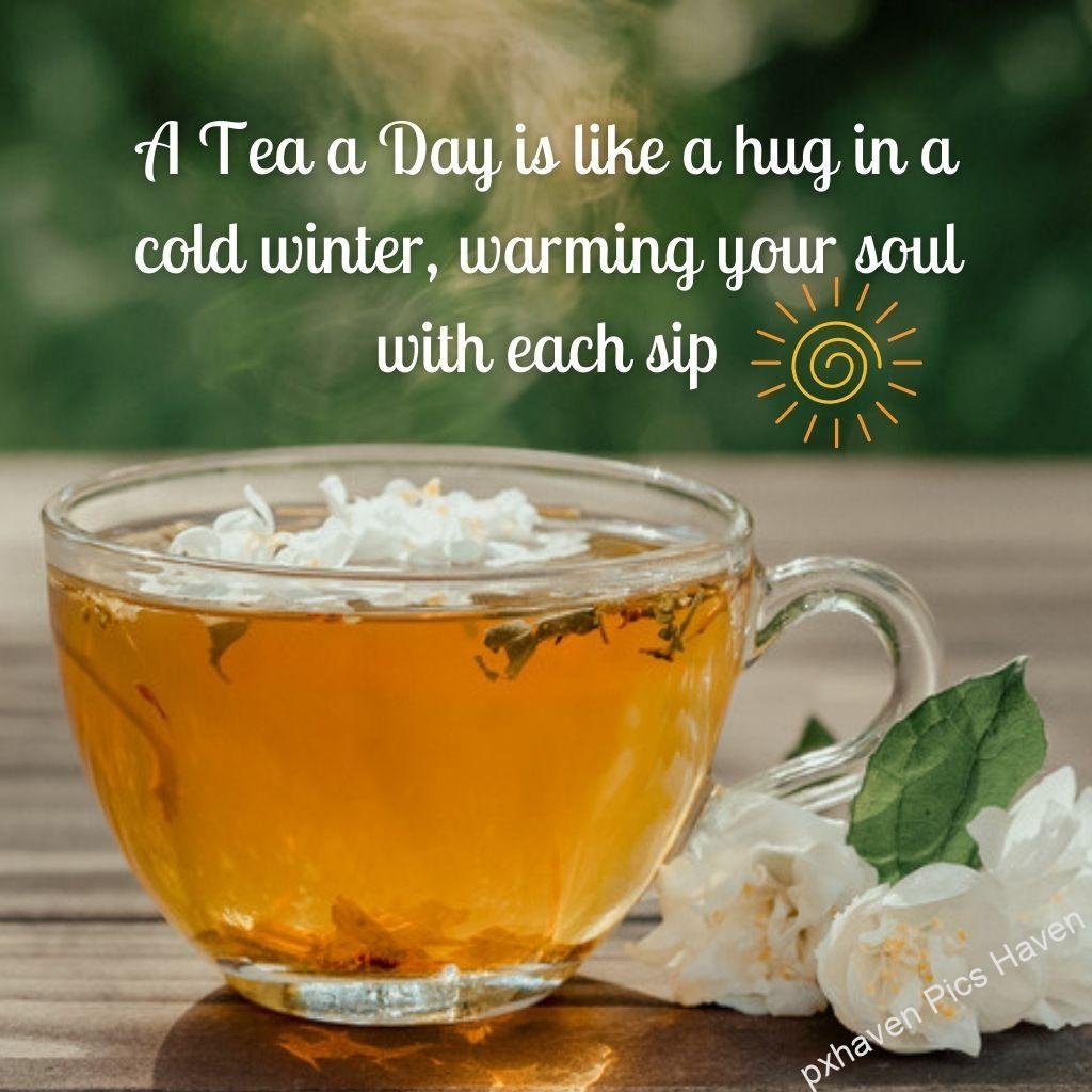 Beautiful Good Morning Images and quotes . A good morning wish with a cup of green tea with flowers in greenery