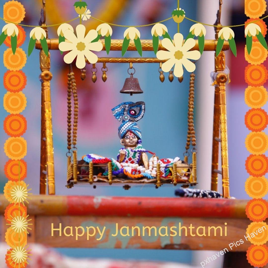 Blue colour Sri Krishna bal gopal Laddoo Gopal in red orange dress and flute and peacock feather with tulsi playing flute bansuri on yellow marigold Jhoola with bell . Happy Janmashtami.