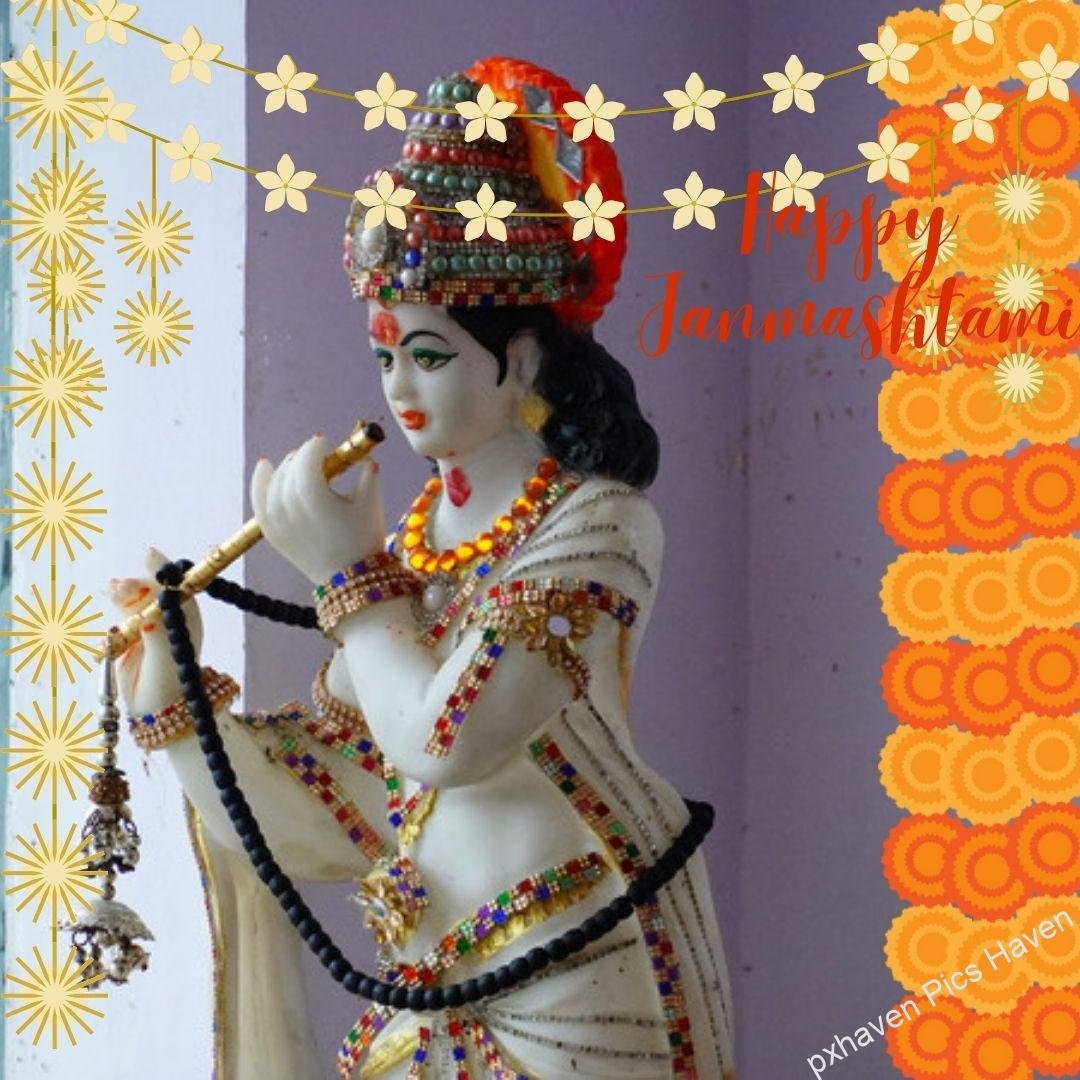 Lovely white Krishna ready for Janmashtami with flute in hand and match with Makhan and peacock feather . Happy Janmashtami