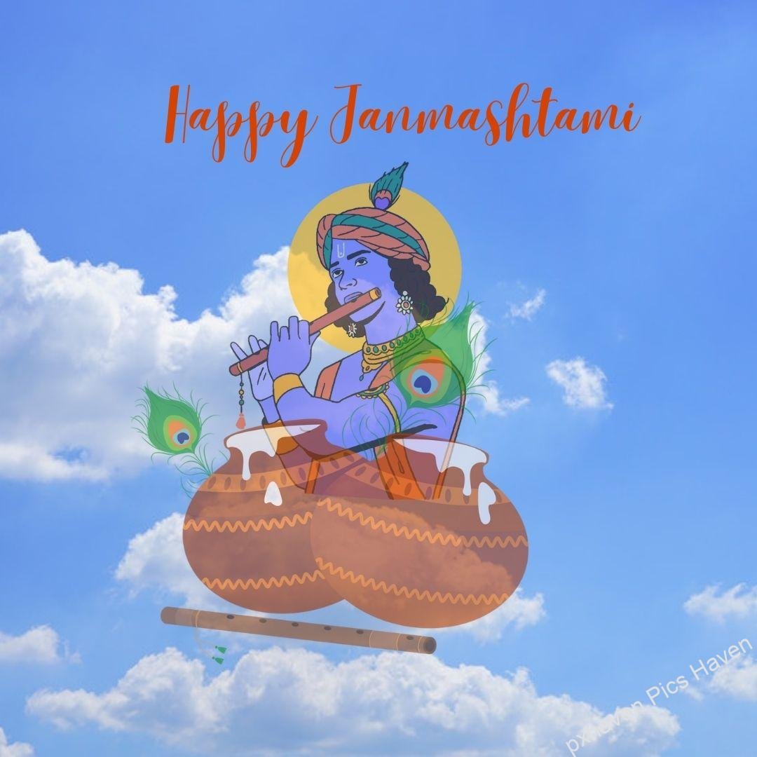 Lovely blue Krishna ready for Janmashtami with flute in hand and match with Makhan and peacock feather . Happy Janmashtami