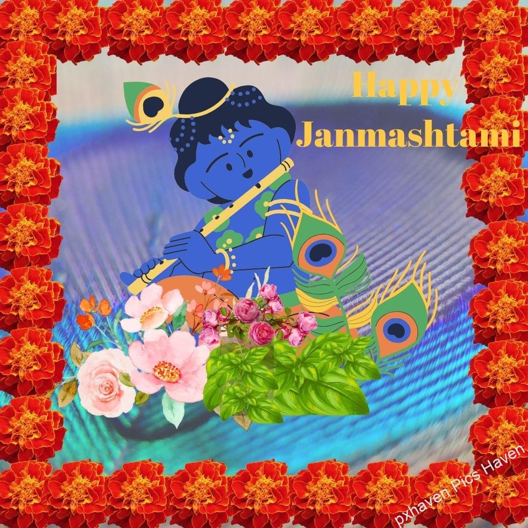 Blue colour Sri Krishna bal gopal Laddoo Gopal in red orange dress and flute and peacock feather with tulsi playing flute bansuri on y with flowers tulsi and matki . Happy Janmashtami.