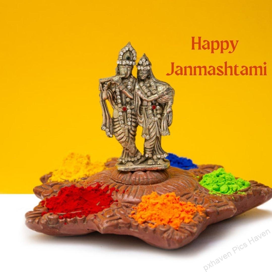 Beautiful Radha and Krishna yellow color dress with laddoo and flute and peacock feather ready for Janmashtami. Happy Janmashtami.