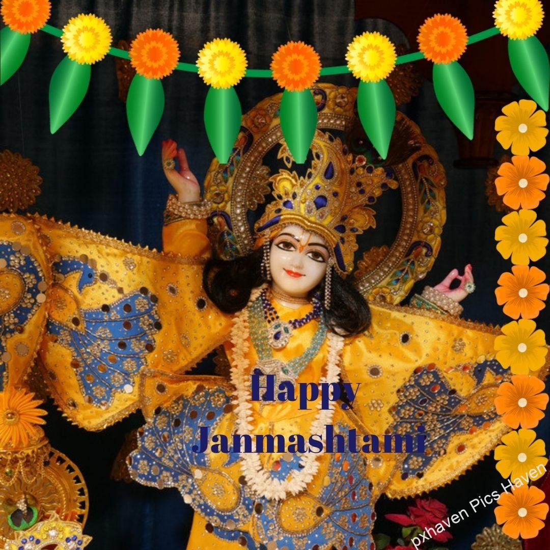 Beautiful Sri Krishna in yellow color dress with laddoo and flute and peacock feather ready for Janmashtami. Happy Janmashtami.