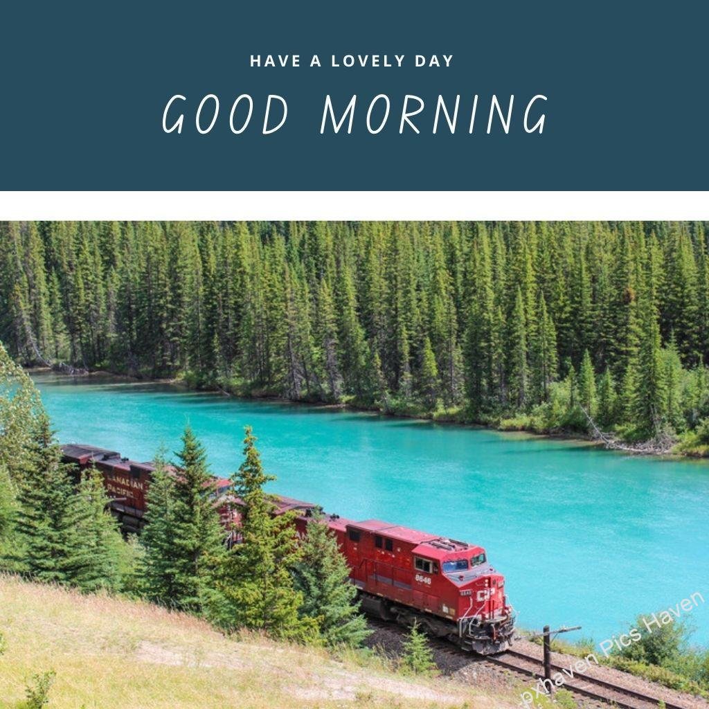 Beautiful Good Morning Images and quotes.HD image free download. Good morning wishes ferns and ones train toy train near a lake blue water railway line good morning