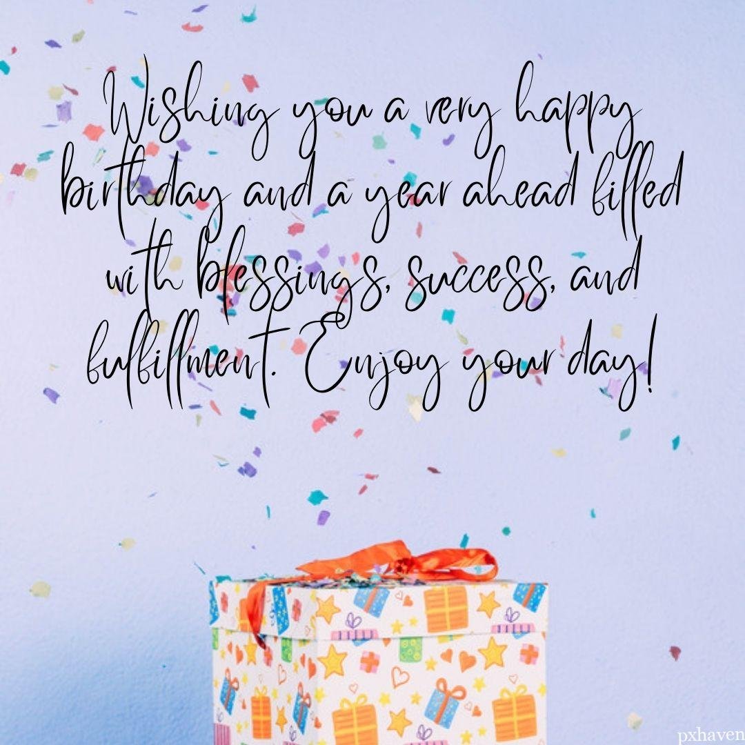 colourful birthday gift pack confetti happy birthday quote Wishing you a very happy birthday and a year ahead filled with blessings, success, and fulfillment. Enjoy your day!