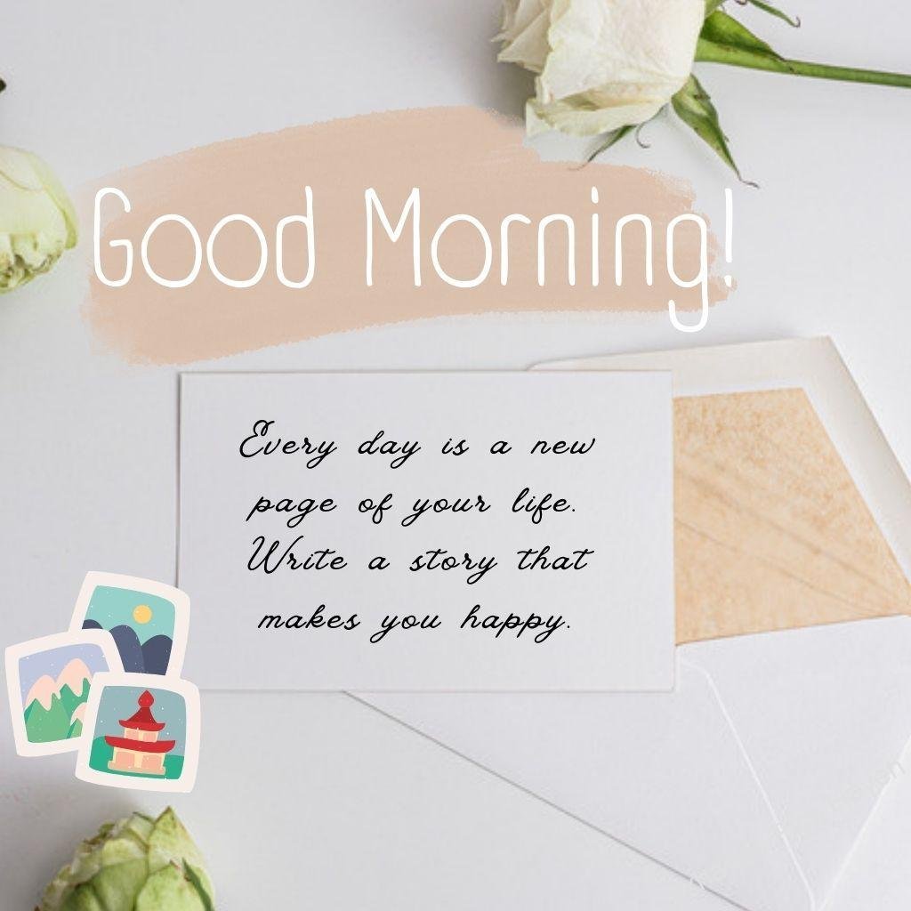 Beautiful Good Morning Images and quotes.HD image free download. Good morning wishes in a letter and envelope with white roses. Every day is a new page of your life. Write a story that makes you happy. HD image free download.