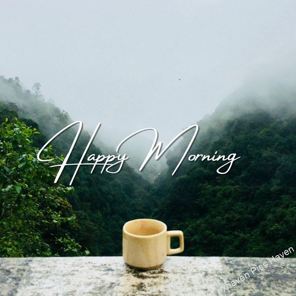 Beautiful Good Morning Images and quotes.HD image free download. Tea cup with greenery fog happy morning rain