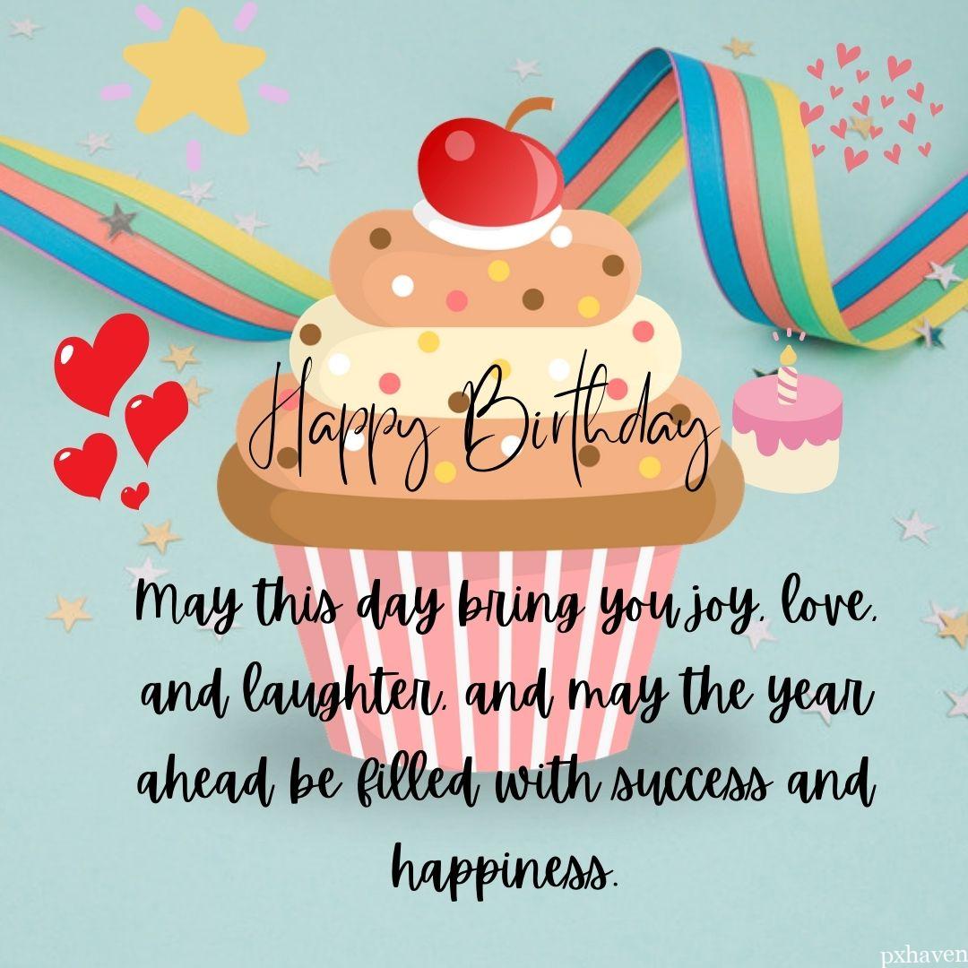 A lovely cupcake with a beautiful cherry on the top wishing happy birthday with red hearts and small cake with candles. May this day bring you joy and laughter and may the year ahead be filled with success and happiness.