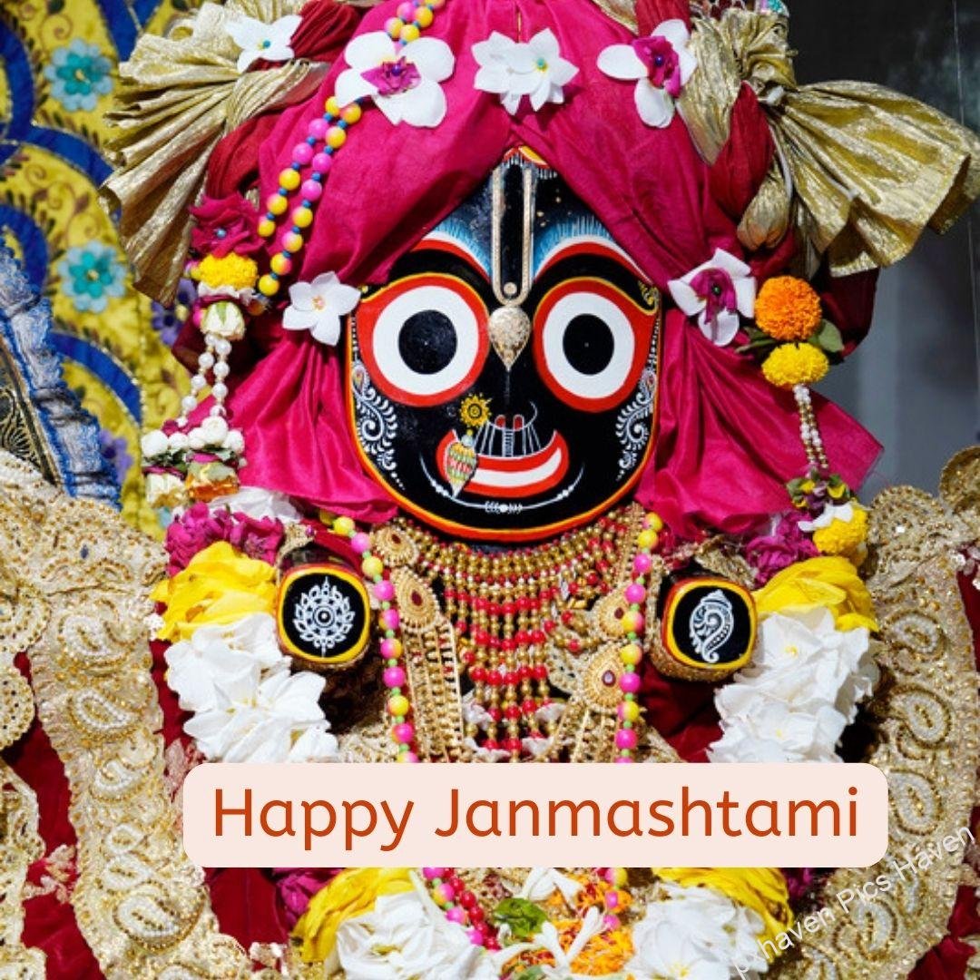 The Powerful Lord Jagannath JiAll Decked up for his birthday celebration with red pagoda and floral mukut. Happy Janmashtami.