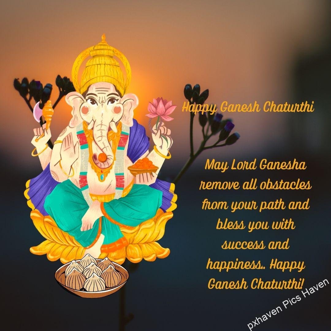 Lord Ganesh Ji siting on a golden lotus with green colour dhoti and a smile on his face with his astra, laddoo and lotus. May Lord Ganesha remove all obstacles from your path and bless you with success and happiness.. Happy Ganesh Chaturthi! HD image wallpaper free download. Happy Ganesh Chaturthi wishes