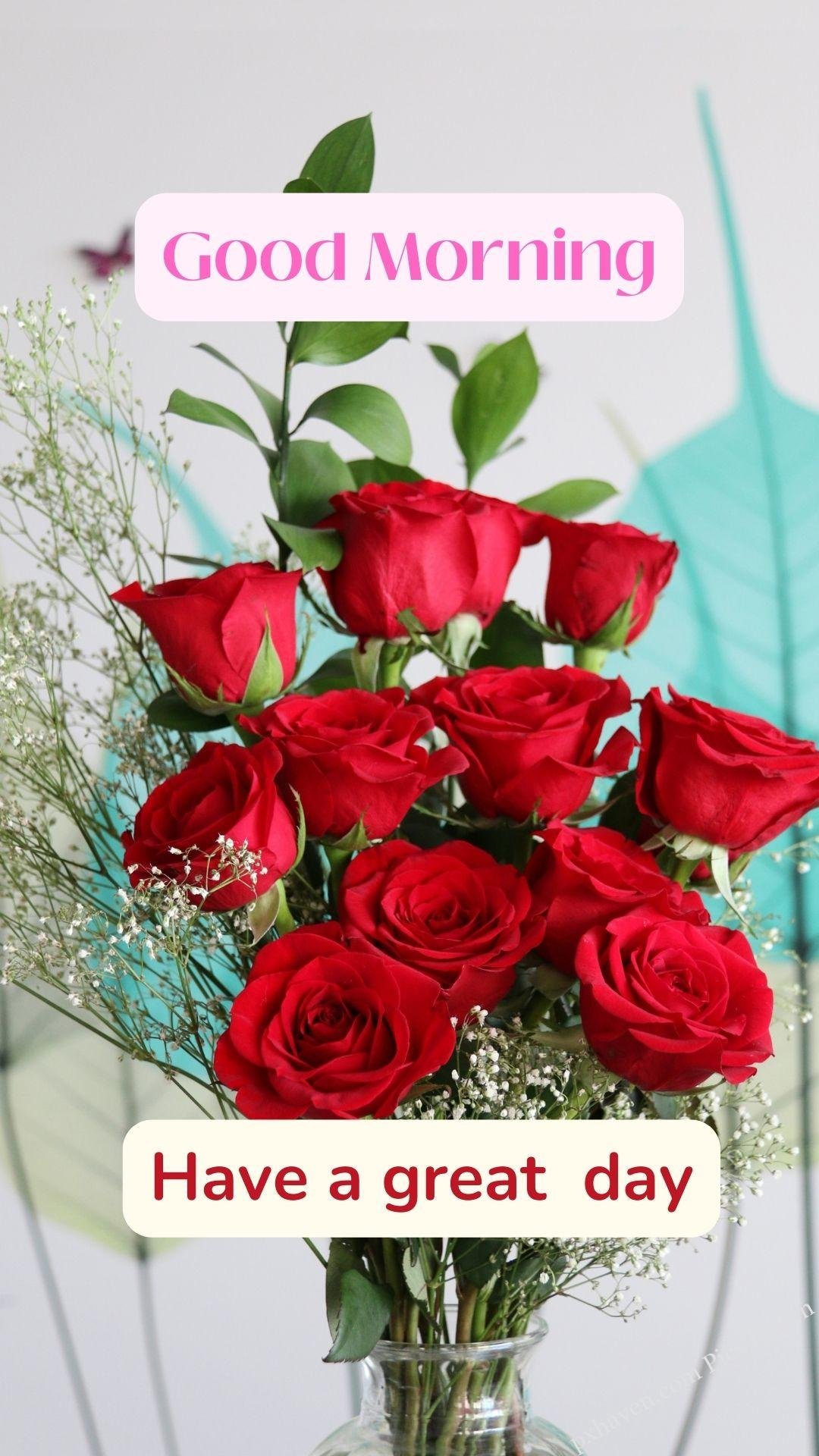 red flowers rose wishes. Good morning wishes. good morning have a great day. Free download. HD image.