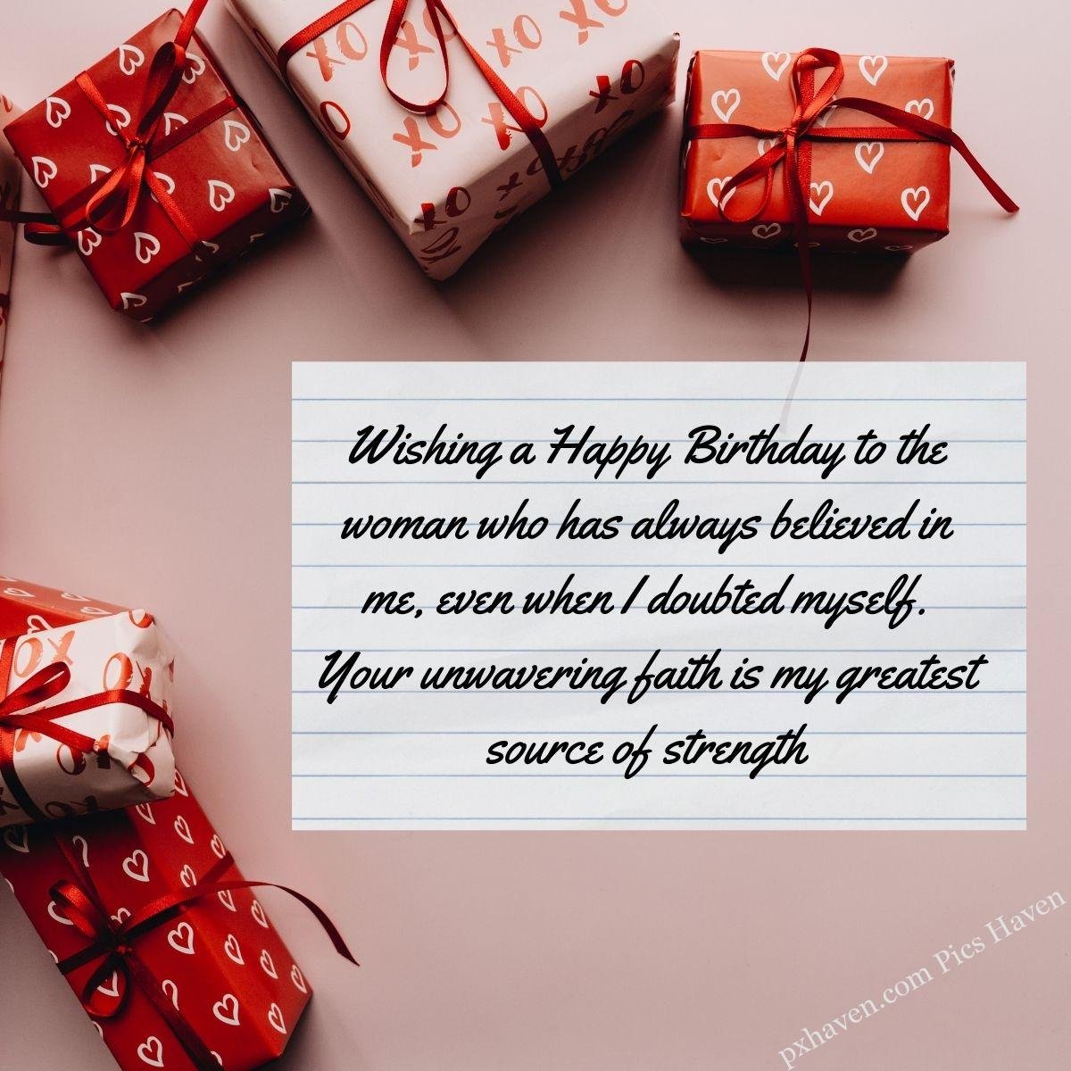 Happy Birthday Wishes and quotes for Mother from her daughter. A lot of gifts wrapped in red gift paper. Wishing a Happy Birthday to the woman who has always believed in me, even when I doubted myself. Your unwavering faith is my greatest source of strength. Free download. WhatsApp status. Mother's birthday. birthday wishes.