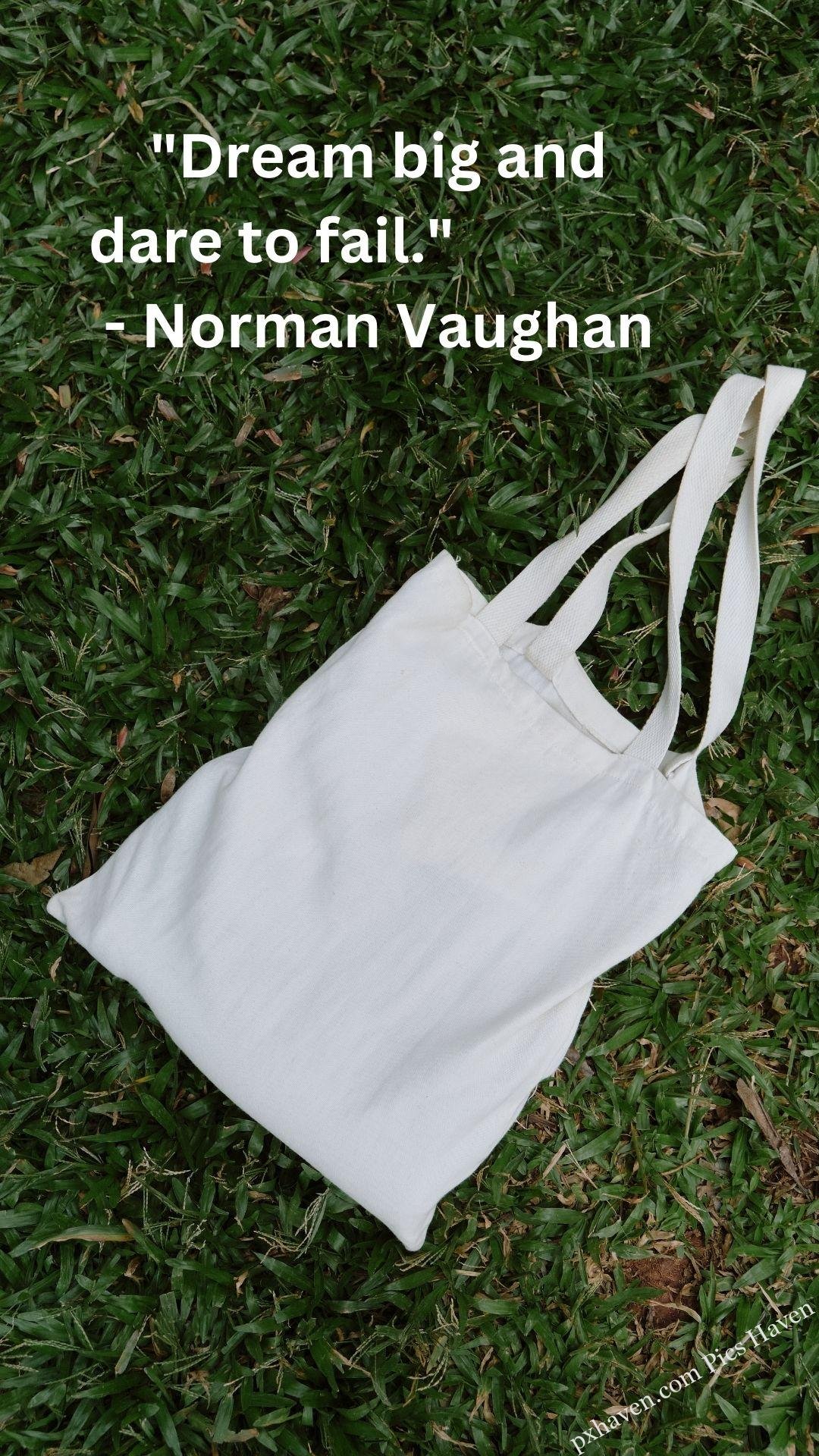 A white bag lying or kept on green grass. "Dream big and dare to fail." - Norman Vaughan. Whatsapp status. Motivation quotes. HD image. Free download.