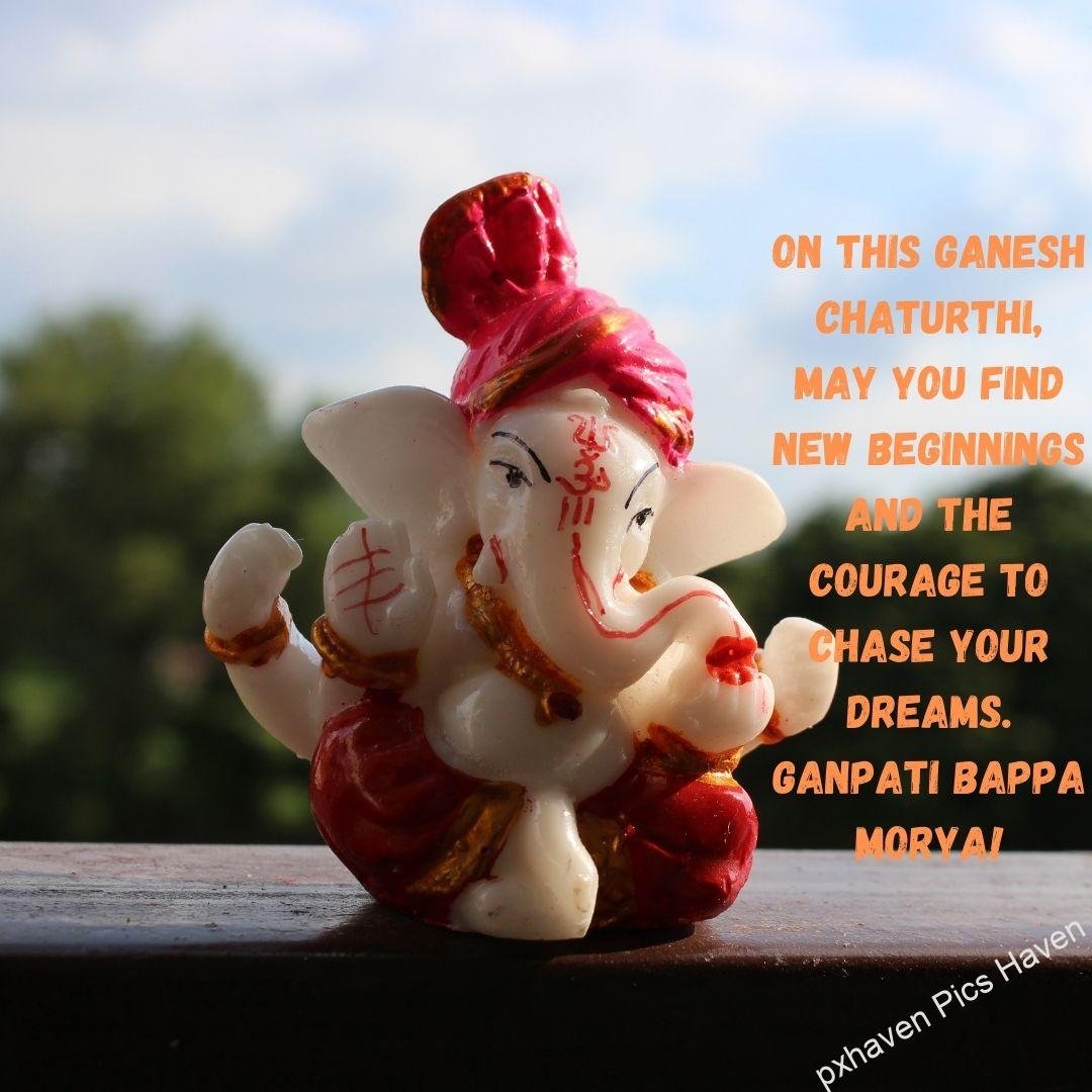 A beautiful lord Ganesha idol giving blessings On this Ganesh Chaturthi, may you find new beginnings and the courage to chase your dreams. Ganpati Bappa Morya! free download. Happy Ganesh Chaturthi wishes. quotes.