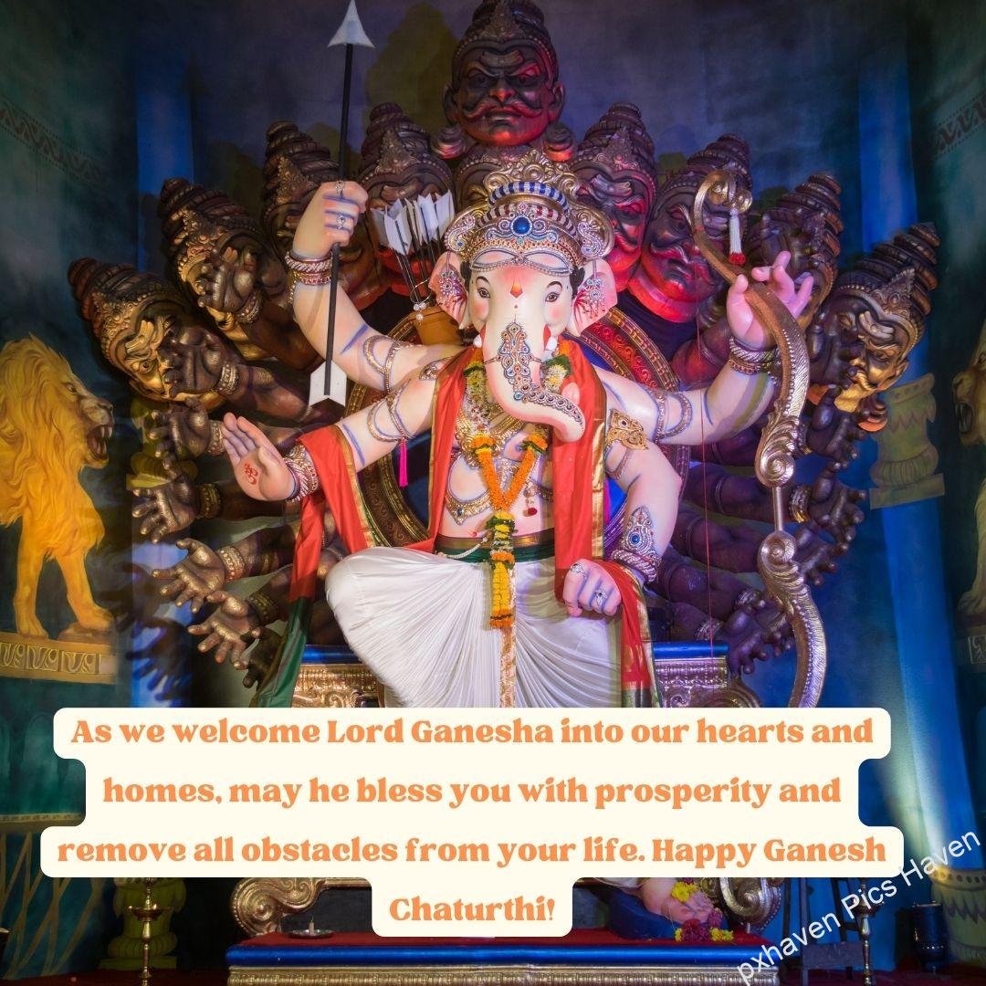 Lord Ganesha with many Hands and heads blessing. As we welcome Lord Ganesha into our hearts and homes, may he bless you with prosperity and remove all obstacles from your life. Happy Ganesh Chaturthi! free download. HD image. Happy Ganesh Chaturthi wishes. quotes.