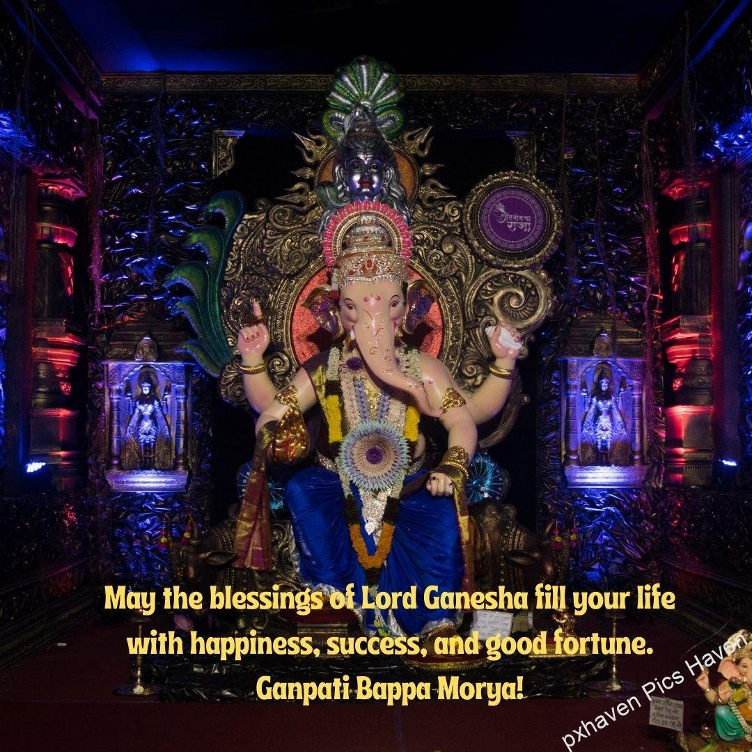May the blessings of Lord Ganesha fill your life with happiness, success, and good fortune. Ganpati Bappa Morya! Beautiful idol of Ganpati with blue coloured dhoti. free download. HD image. Happy Ganesh Chaturthi wishes. quotes.