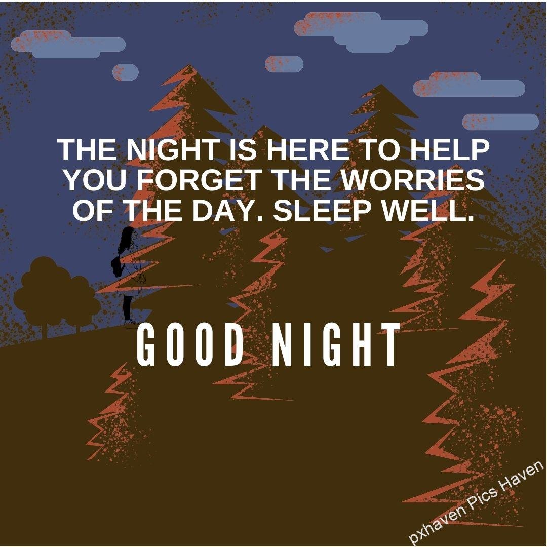 The night is here to help you forget the worries of the day. Sleep well. A girl standing behind the pine trees. Good night wishes with quotes.