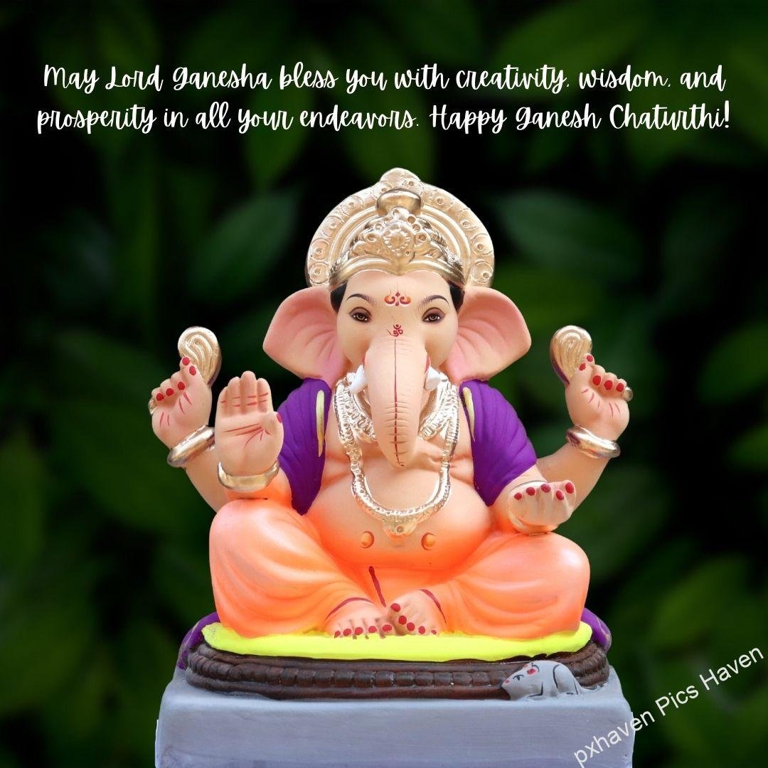 May Lord Ganesha bless you with creativity, wisdom, and prosperity in all your endeavors. Happy Ganesh Chaturthi! A beautiful Ganesh Idol giving blessings. free download. HD image. Happy Ganesh Chaturthi wishes. quotes.