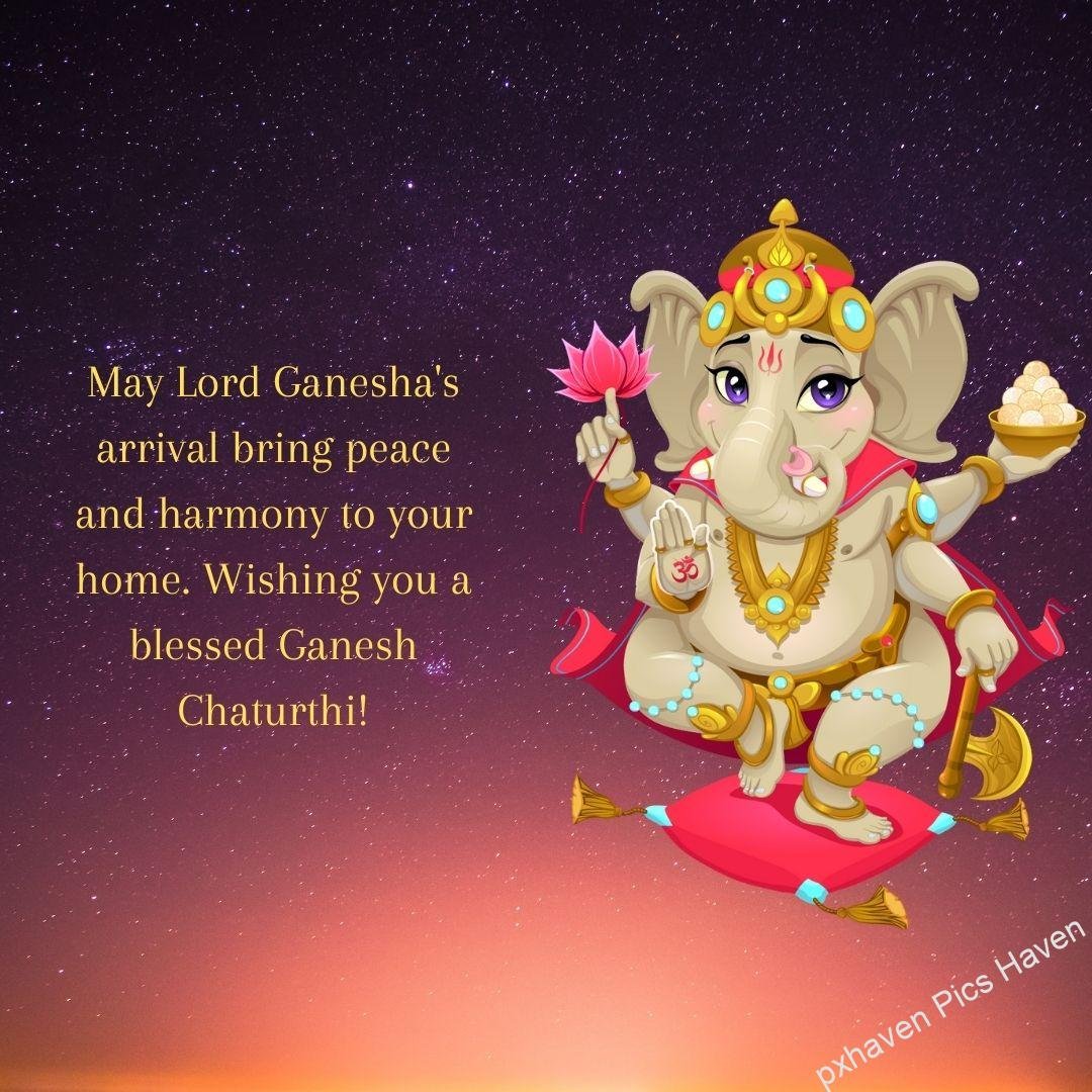 May Lord Ganesha's arrival bring peace and harmony to your home. Wishing you a blessed Ganesh Chaturthi! Ganesh Ganpati Giving blessings. free download. HD image. Happy Ganesh Chaturthi wishes. quotes.