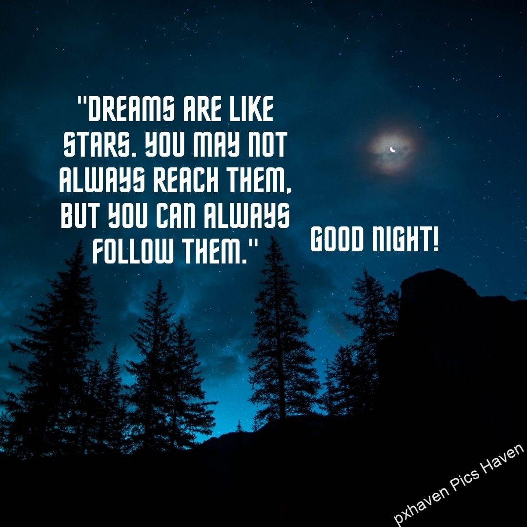 Night with the moon and pine trees. "Dreams are like stars. You may not always reach them, but you can always follow them." free download