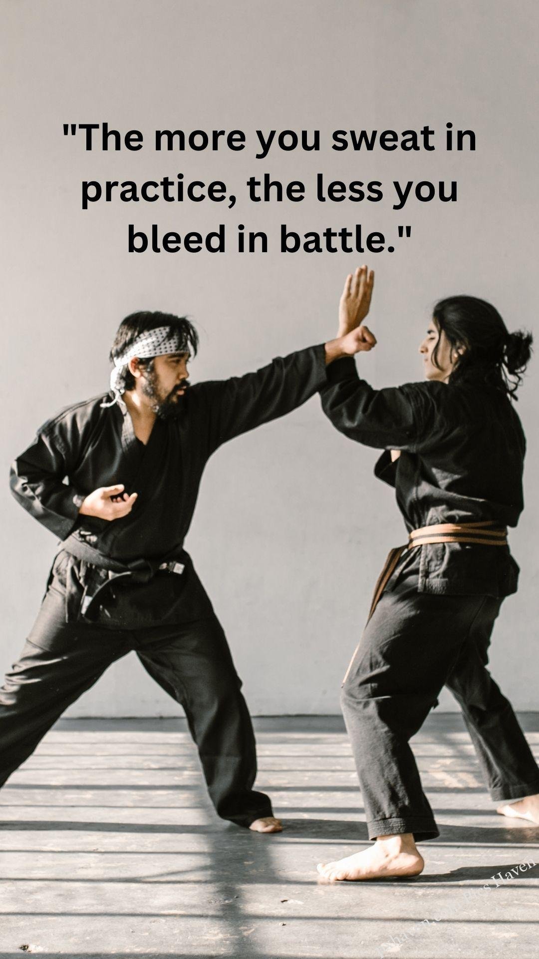 Two persons fighting. The more you sweat in practice, the less you bleed in battle. Whatsapp status. Motivation quotes. HD image. Free download.