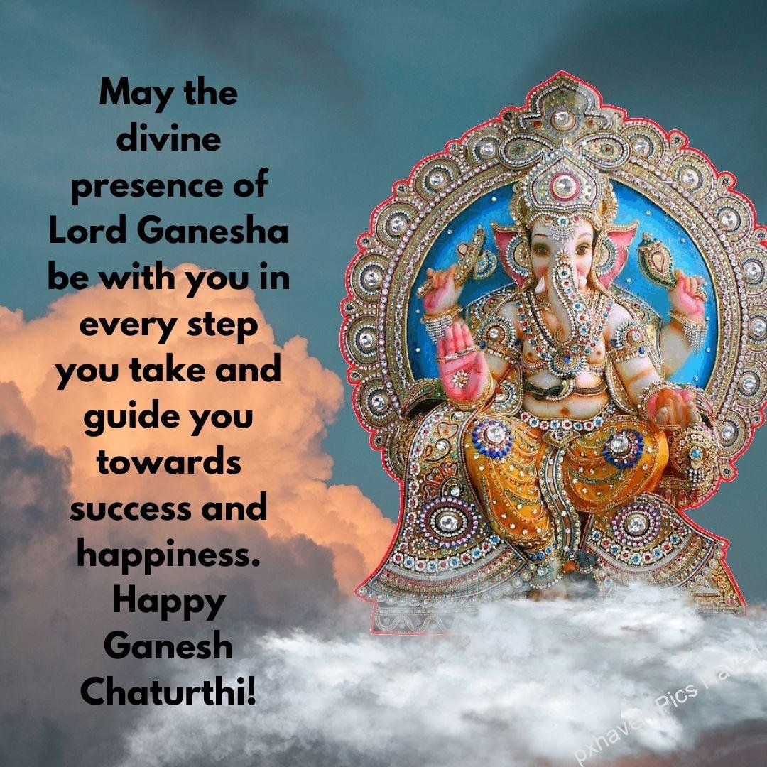 May the divine presence of Lord Ganesha be with you in every step you take and guide you towards success and happiness. Happy Ganesh Chaturthi! Beautiful idol of lord Ganesh giving blessing. free download. HD image. Happy Ganesh Chaturthi wishes. quotes.