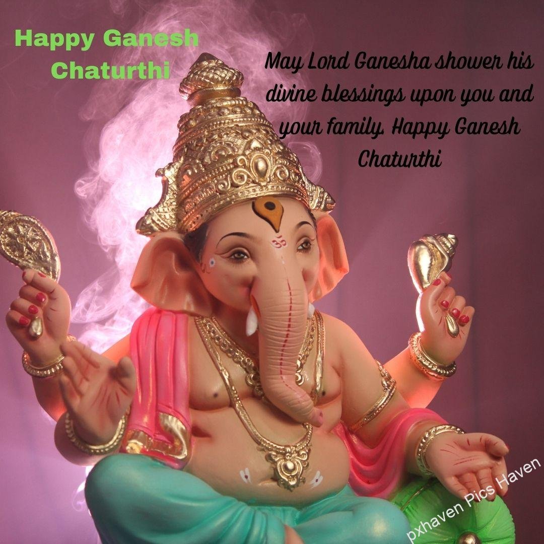 Lord Ganesh with Green dhoti lovely jewellery Astras and smile ready to give blessings. May Lord Ganesha shower his divine blessings upon you and your family. Happy Ganesh Chaturthi. free download. HD image wallpaper. Happy Ganesh Chaturthi wishes. Quote