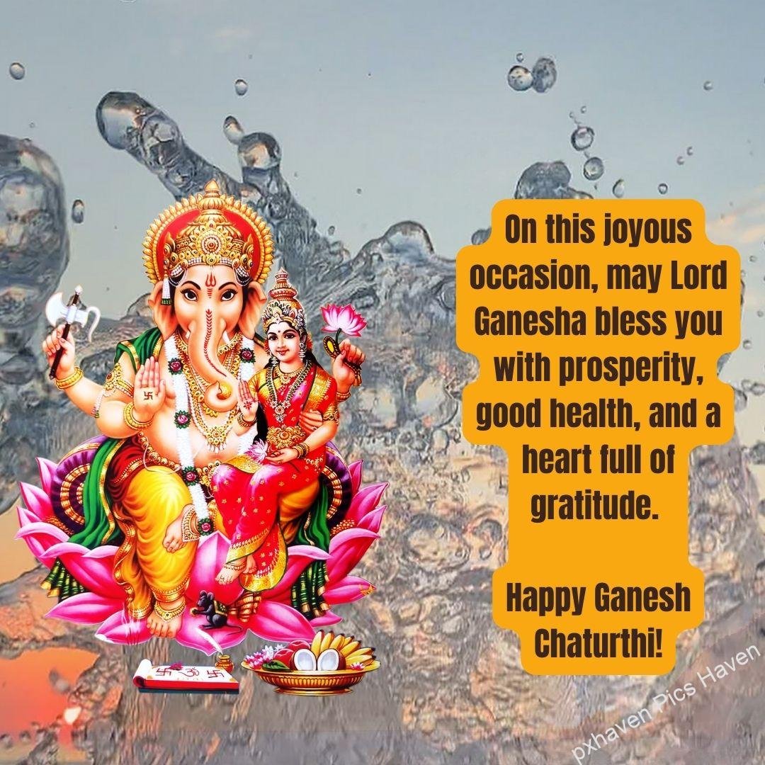 On this joyous occasion, may Lord Ganesha bless you with prosperity, good health, and a heart full of gratitude. Happy Ganesh Chaturthi! beautiful HD image of Ganesh Ganpati. free download. Happy Ganesh Chaturthi wishes. quotes.