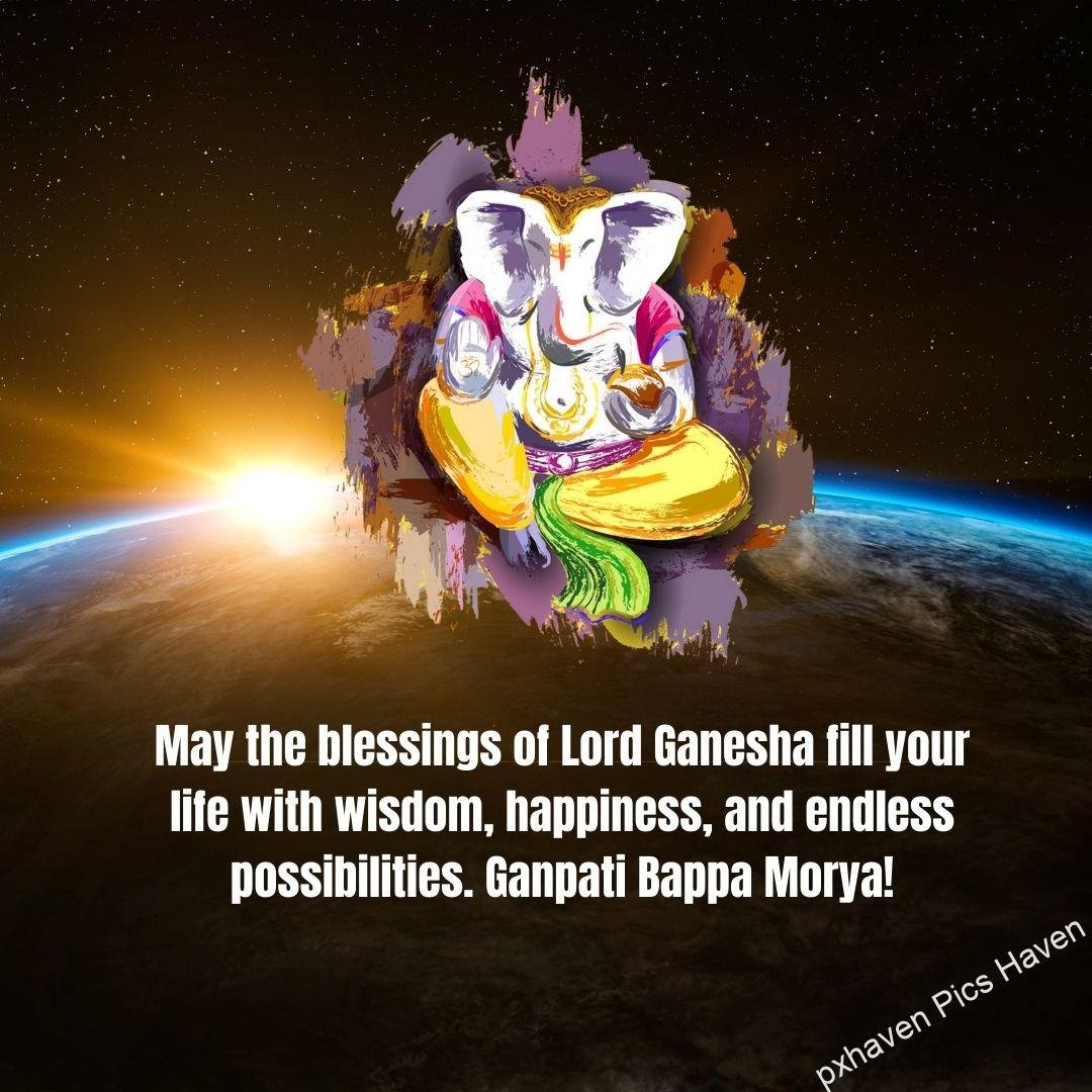 May the blessings of Lord Ganesha fill your life with wisdom, happiness, and endless possibilities. Ganpati Bappa Morya! Beautiful HD image. free download. Happy Ganesh Chaturthi wishes. quotes.