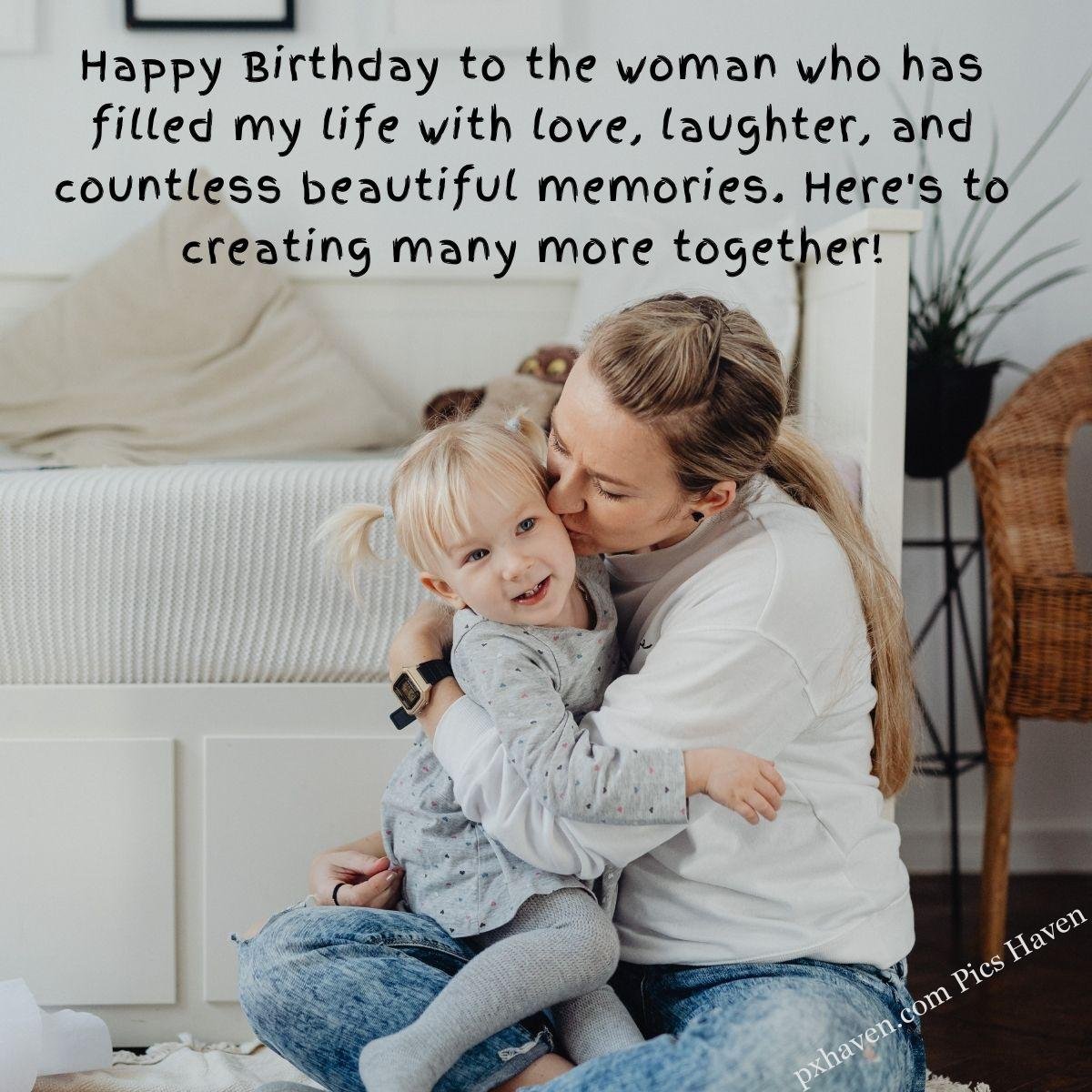 Happy Birthday Wishes and quotes for Mother from her daughter. Happy Birthday to the woman who has filled my life with love, laughter, and countless beautiful memories. Here's to creating many more together! Mother and daughter standing and hugging together. Free download. HD images. WhatsApp status for mother birthday.