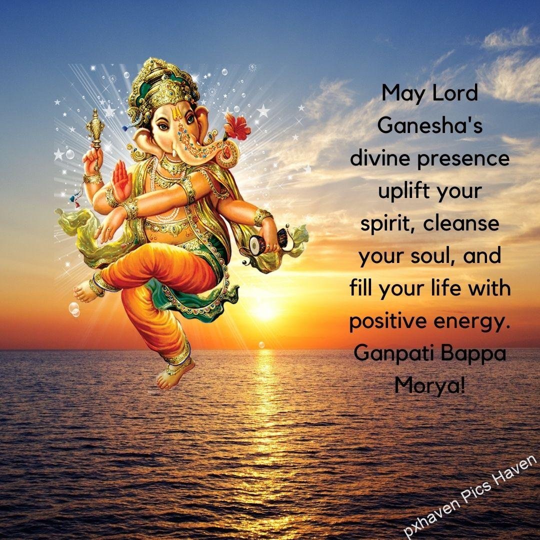 May Lord Ganesha's divine presence uplift your spirit, cleanse your soul, and fill your life with positive energy. Ganpati Bappa Morya! HD image of Ganesh. free download. Happy Ganesh Chaturthi wishes. quotes.