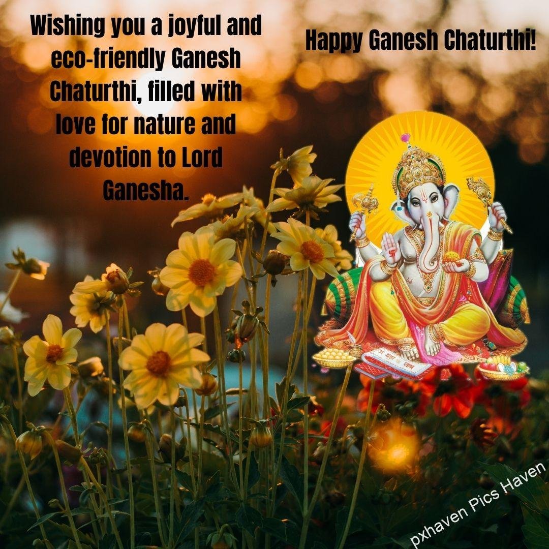 Wishing you a joyful and eco-friendly Ganesh Chaturthi, filled with love for nature and devotion to Lord Ganesha. Shree Ganesh giving blessings. HD image of Lord Ganesh. free download. Happy Ganesh Chaturthi wishes. quotes.