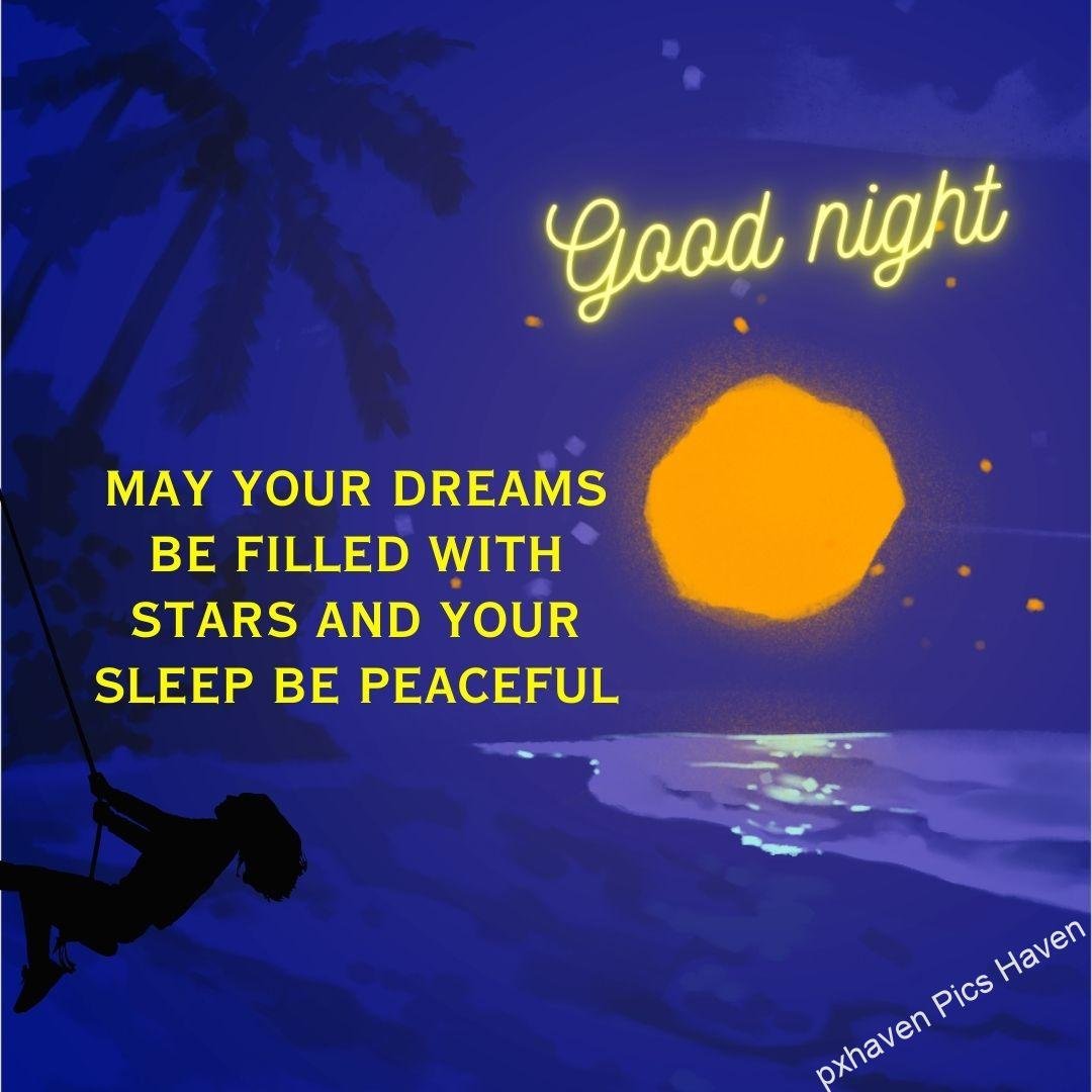 A good night orange moon with dark sky and a girl on a swing with trees and beside the sea. May your dreams be filled with stars and your sleep be peaceful. Good night wishes and quotes. free download.