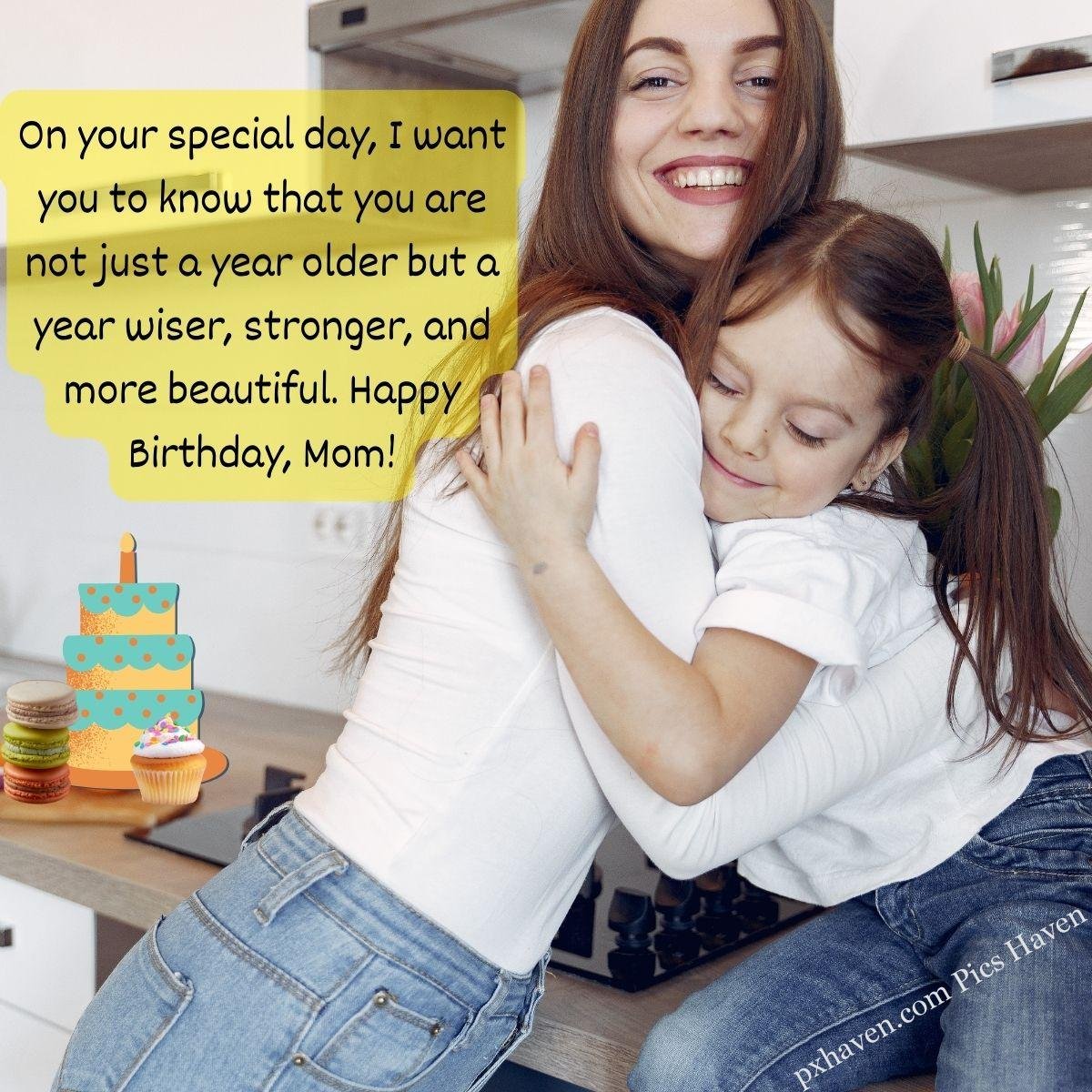 Happy Birthday Wishes and quotes for Mother from her daughter. Mother and child hugging each other. On your special day, I want you to know that you are not just a year older but a year wiser, stronger, and more beautiful. Happy Birthday, Mom! Free download. WhatsApp status for mother. HD images.