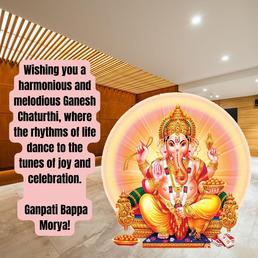 Wishing you a harmonious and melodious Ganesh Chaturthi, where the rhythms of life dance to the tunes of joy and celebration. Ganpati Bappa Morya! Lord Ganesh, Ganpati HD image wallpaper of Sri Ganesh. free download. Happy Ganesh Chaturthi wishes. quotes.