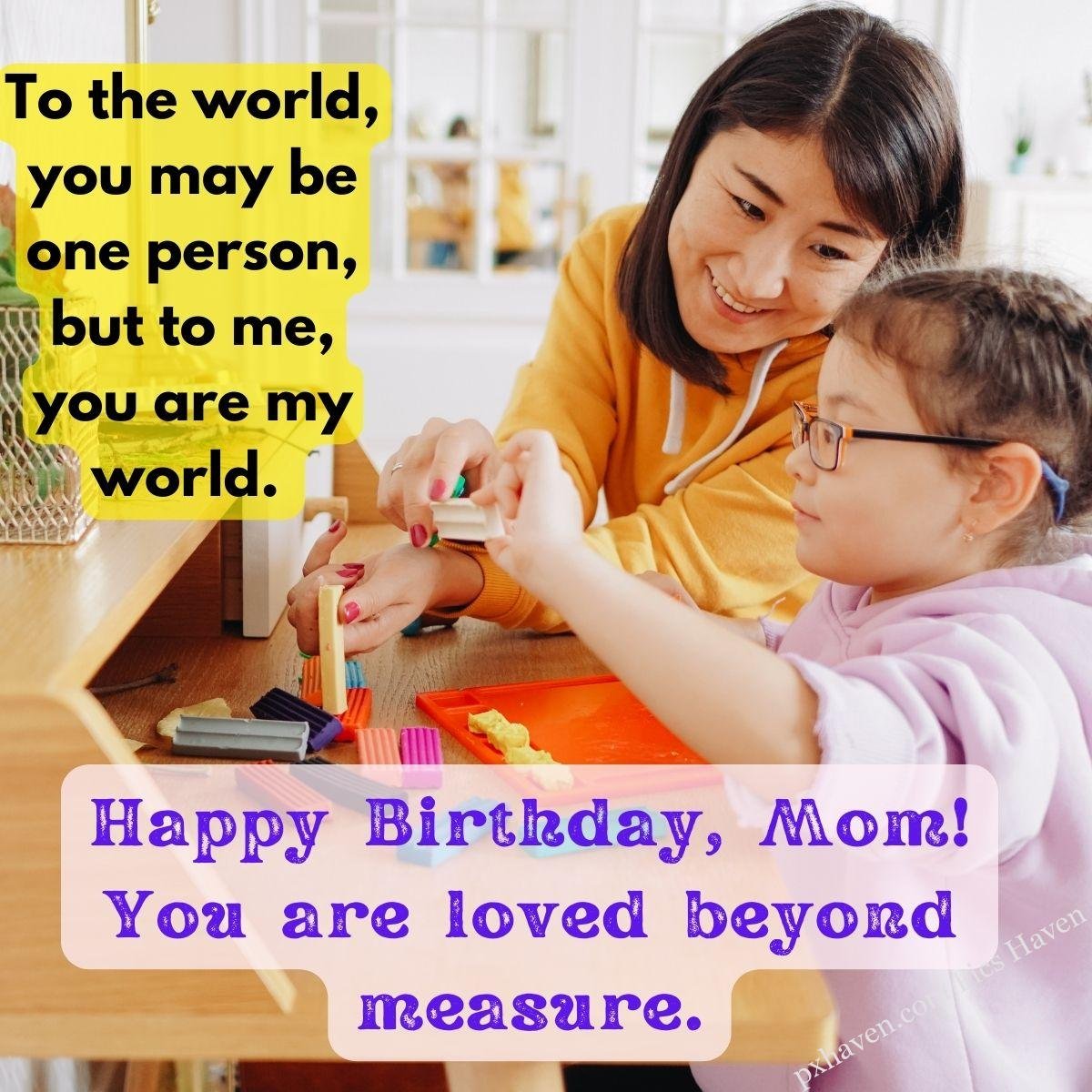 Happy Birthday Wishes and quotes for Mother from her daughter. Mother in orange dress with child in pink dress. To the world you may be one person but to me you are my world. cream cupcake with a candle with heart balloons with golden hearts. Mom, your love is the foundation of my happiness. On your special day, I wish you a life filled with boundless joy and fulfillment. free download. WhatsApp status for mother. HD images.
