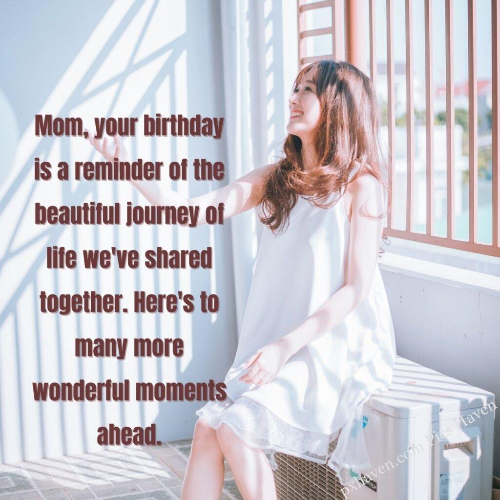 A woman in white dress smiling happy mother. Mom, your birthday is a reminder of the beautiful journey of life we've shared together. Here's to many more wonderful moments ahead. HD images. Free download. WhatsApp status.