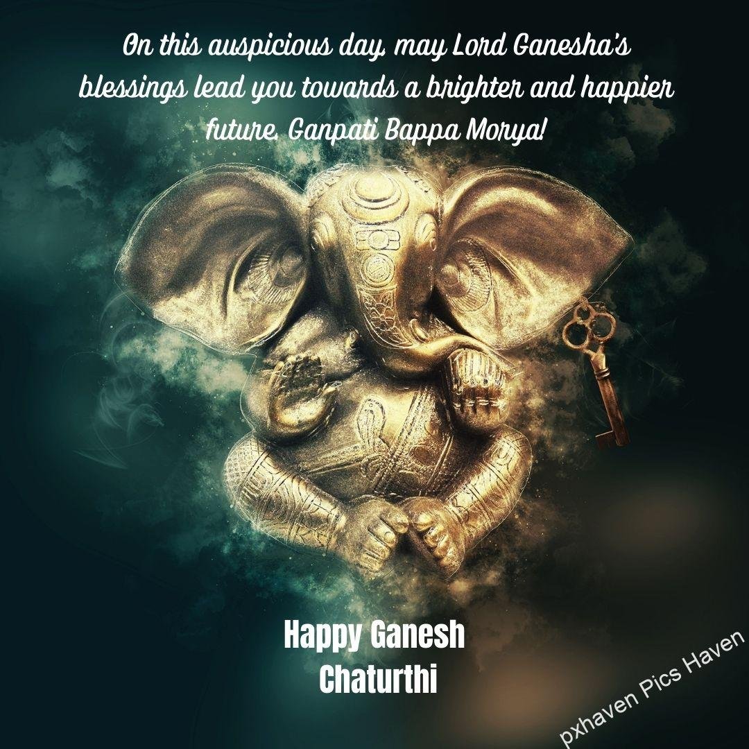 Golden Lord Ganesha Giving blessings On this auspicious day, may Lord Ganesha's blessings lead you towards a brighter and happier future. Ganpati Bappa Morya! free download. HD image wallpaper. Happy Ganesh Chaturthi wishes