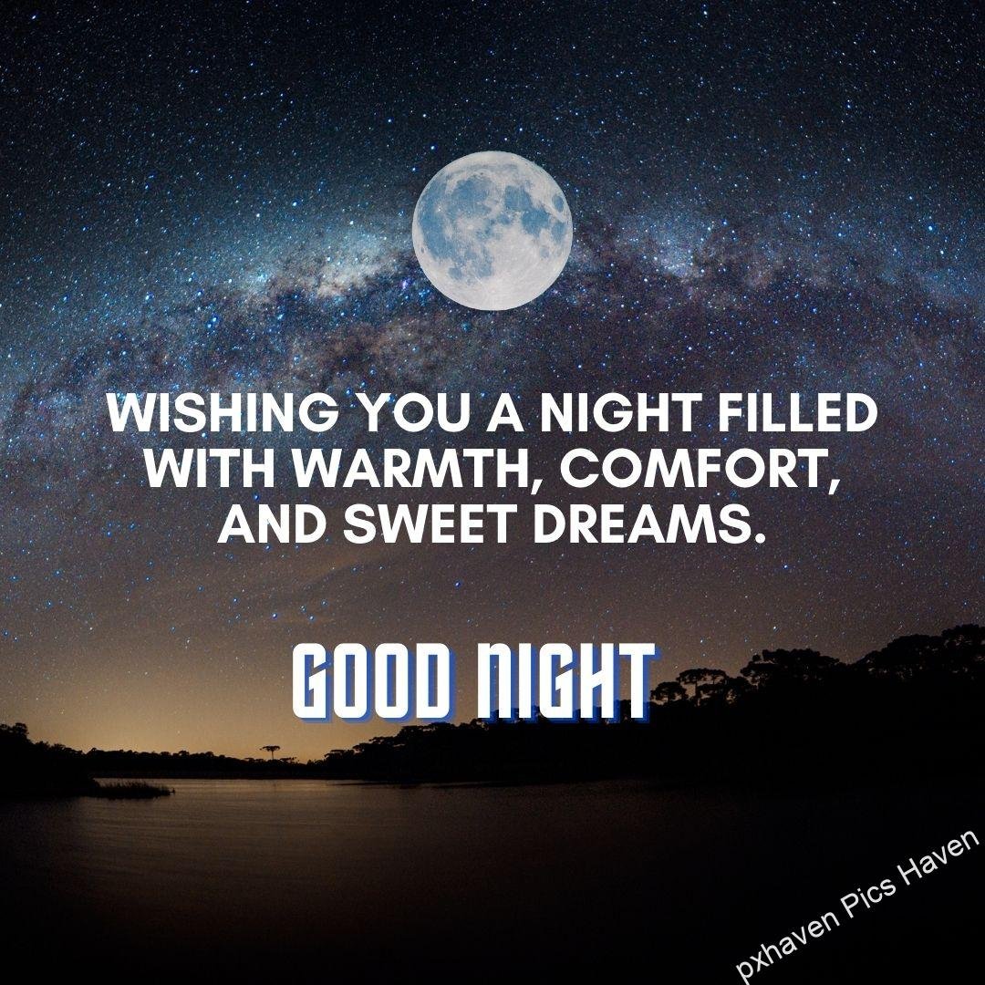 A night sky with the moon and stars. with trees and blue sky. river and lake. Wishing you a night filled with warmth, comfort, and sweet dreams. Good night quote wishes. Free download
