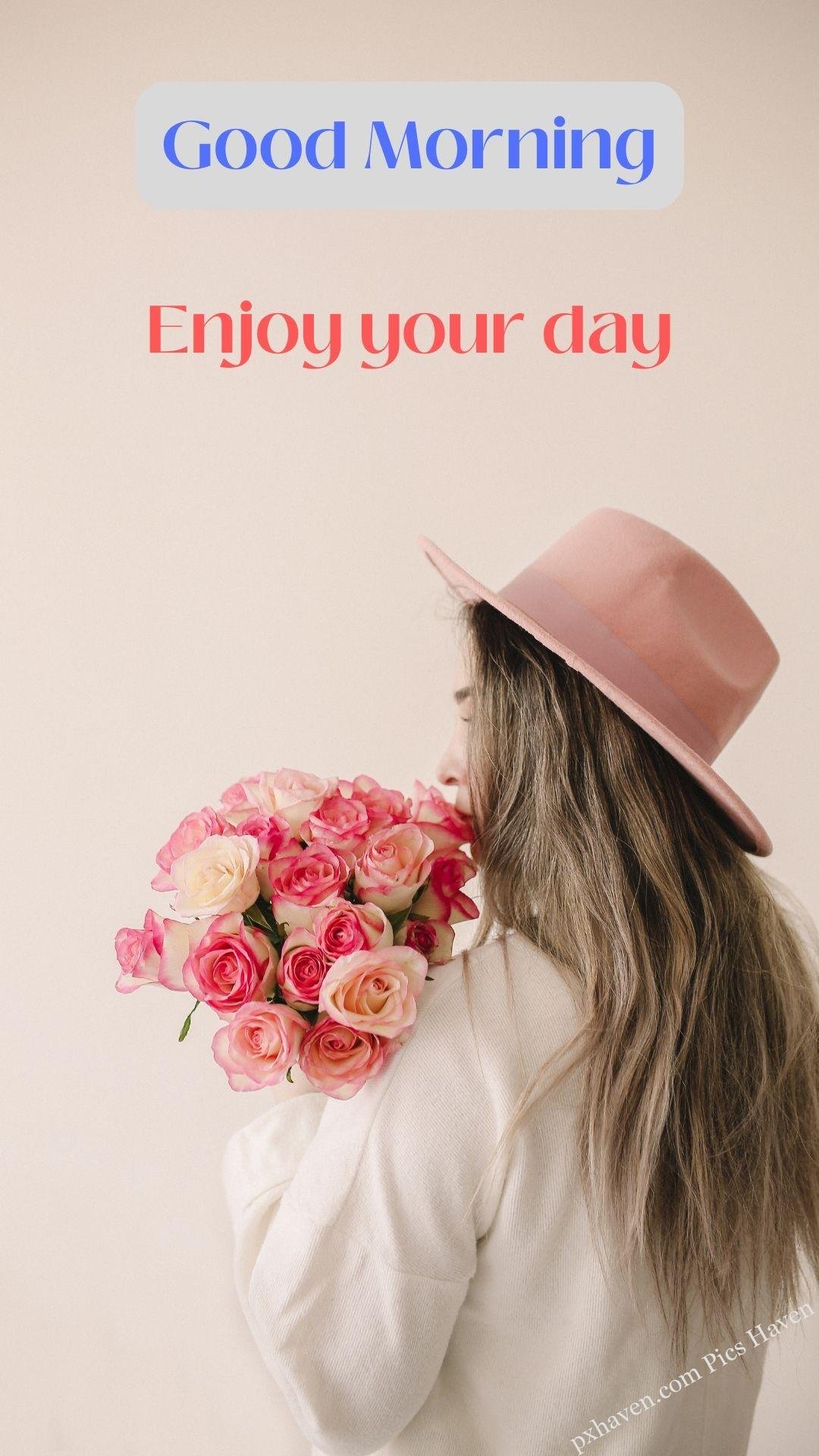 A girl with pink and yellow flowers rose bouquet wishes. Good morning wishes. good morning enjoy your day . Free download. HD image.