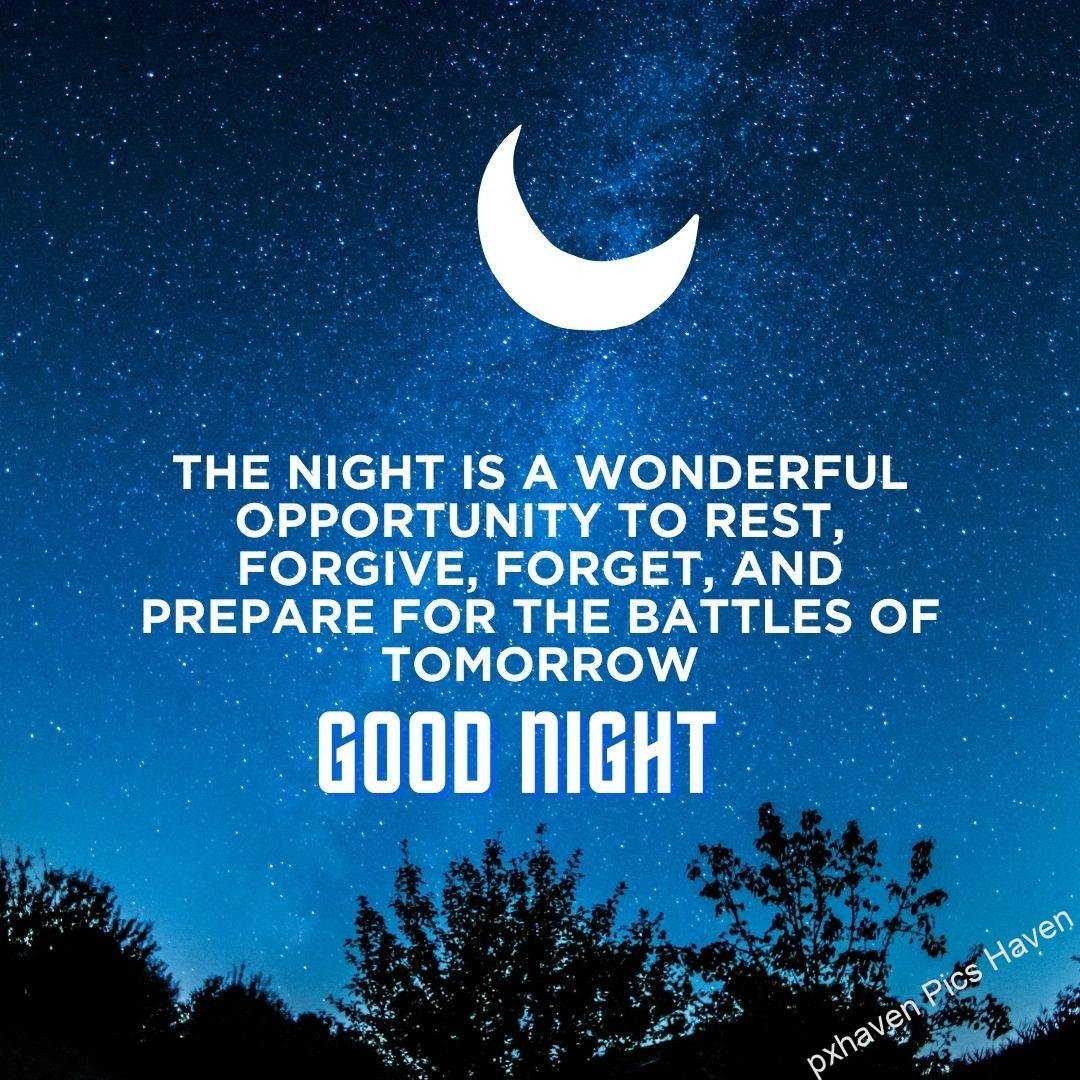 The night is a wonderful opportunity to rest, forgive, forget, and prepare for the battles of tomorrow. A night sky with the moon and stars. with trees and blue sky. Good night. Free download. HD image.