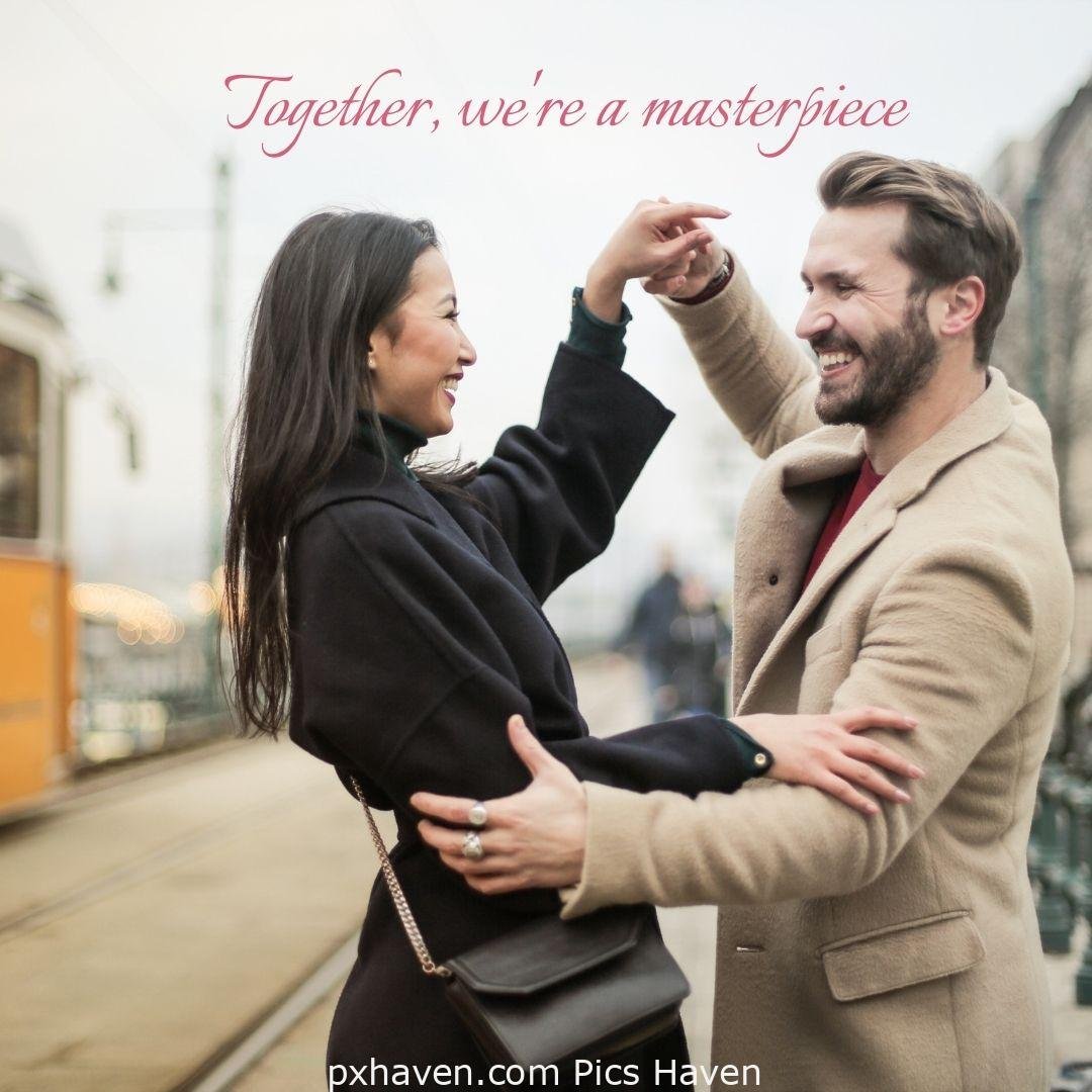 Together, er are a masterpiece. A boy and girl, dancing with each other on the bridge. Love Quotes and Images for Couples. HD images. Free download.