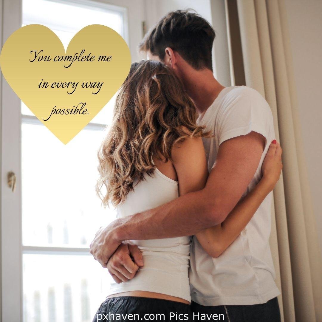 You complete me in every way possible. A boy and girl, standing together smiling, hugging and talking. Love Quotes and Images for Couples. HD images. Free download.