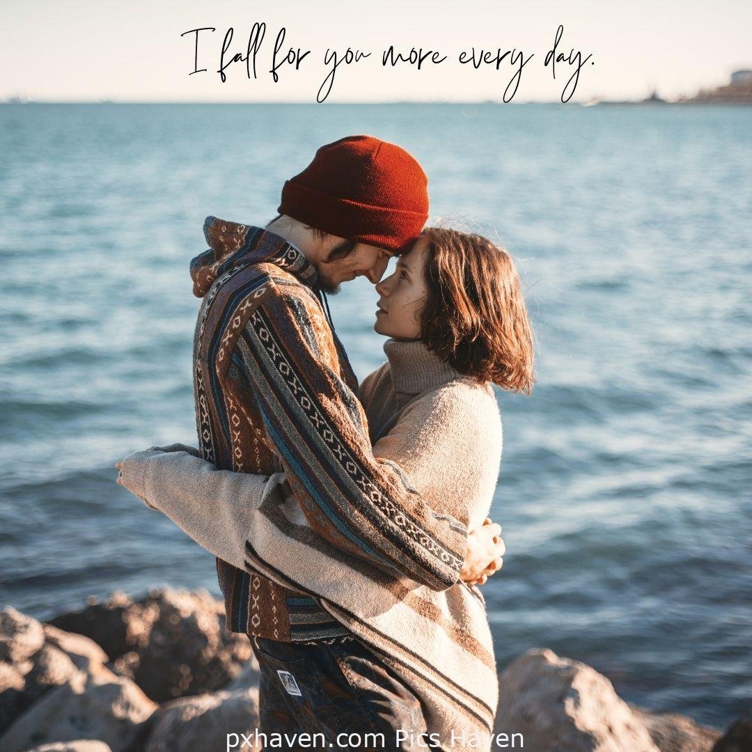 I fall for you more every day. A boy and girl, hugging each other early morning by the sea. Love Quotes and Images for Couples. HD images. Free download.