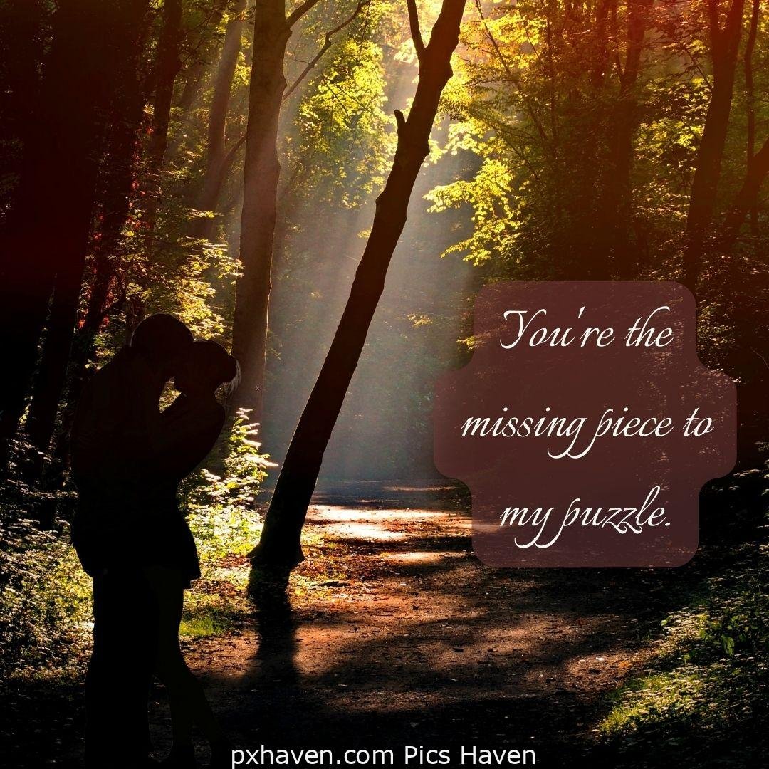 You're the missing piece to my puzzle. A boy and girl, standing together and hugging looking at each in the forest. Love Quotes and Images for Couples. HD images. Free download.