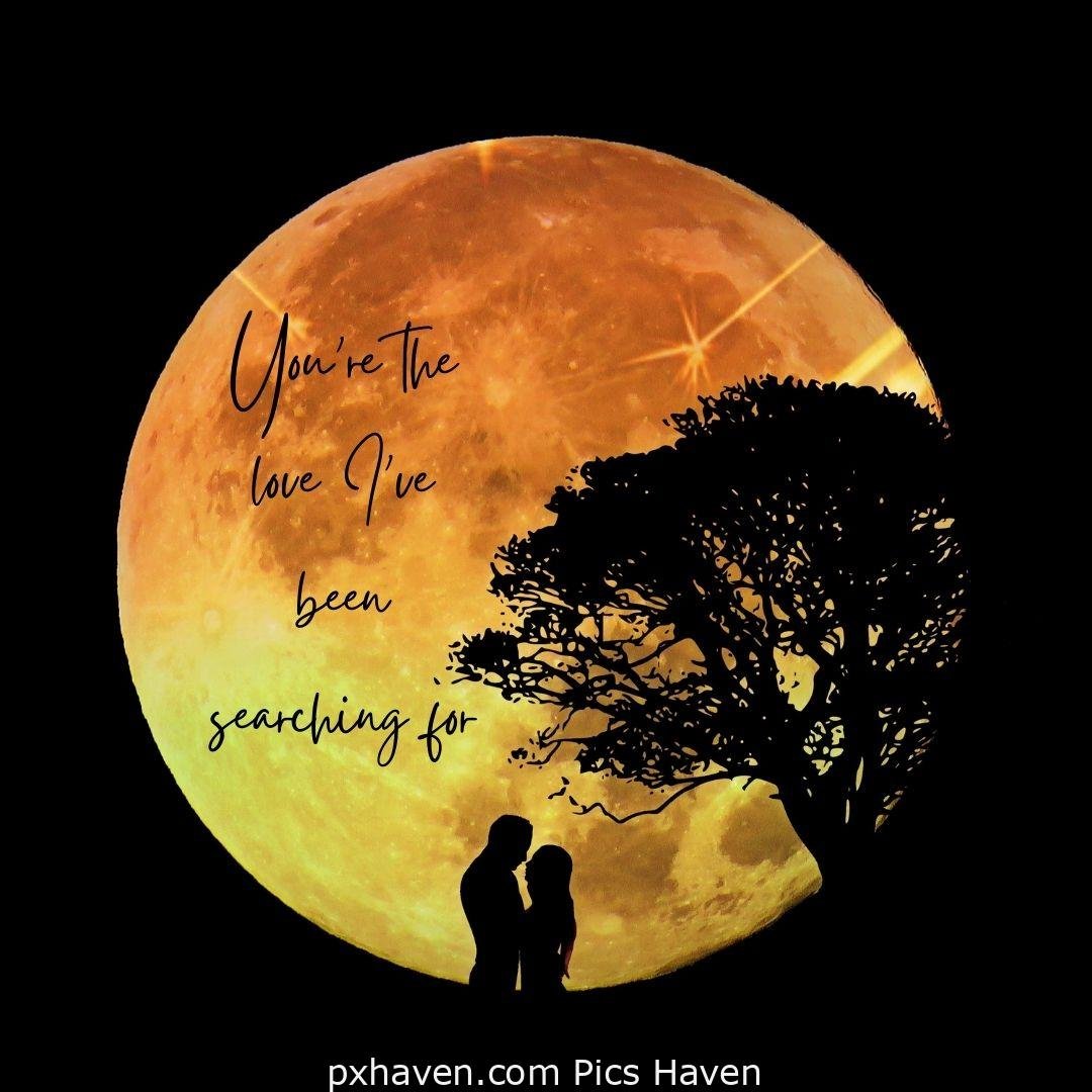 You're the love I've been searching for. A boy and girl, standing together and hugging looking at each other under the big moon. Love Quotes and Images for Couples. HD images. Free download.